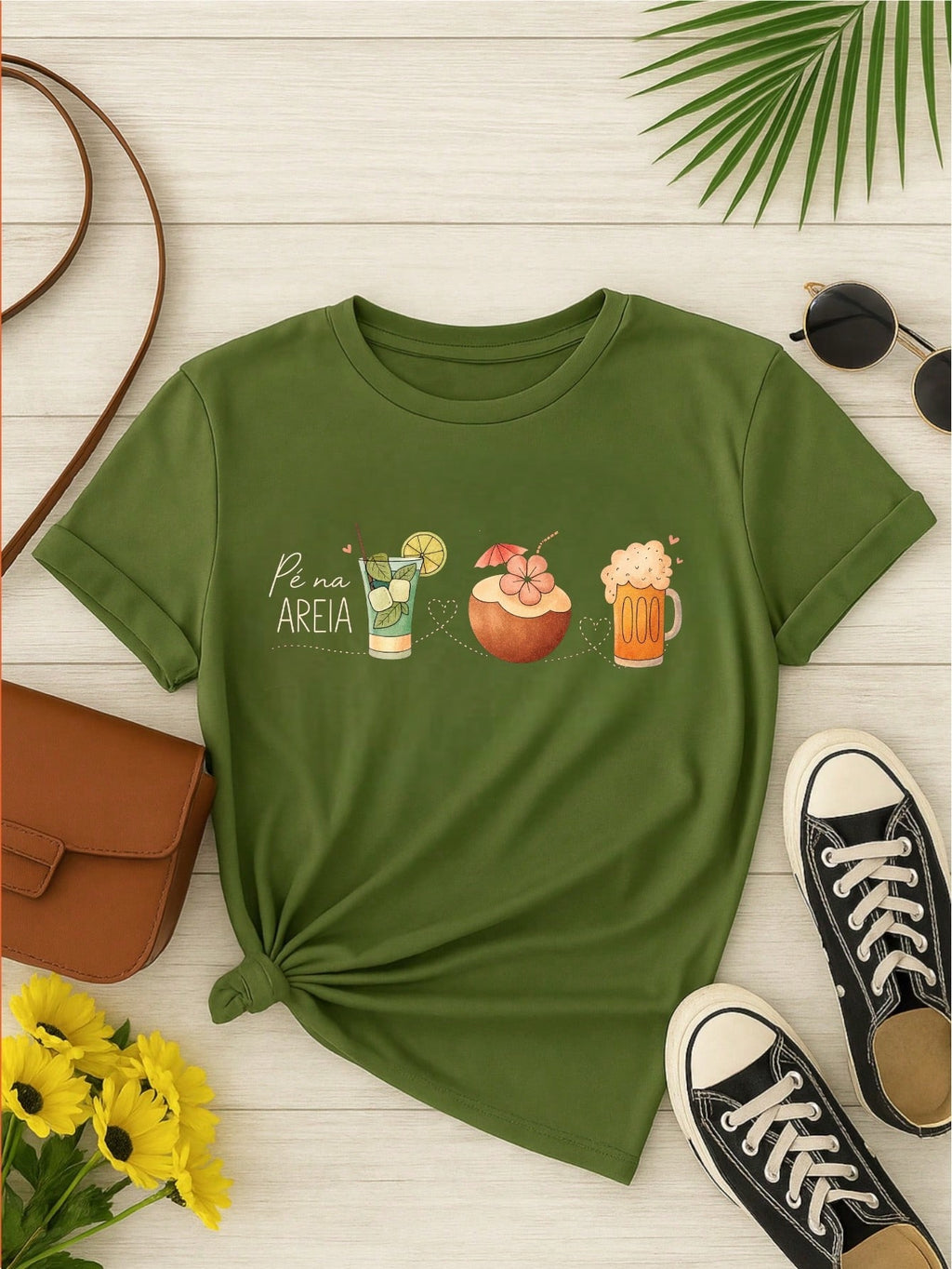 Blusa Feminina 100% Algodão – Estampa Pé na Areia Drinks Confortável – Estampa Verão Praia