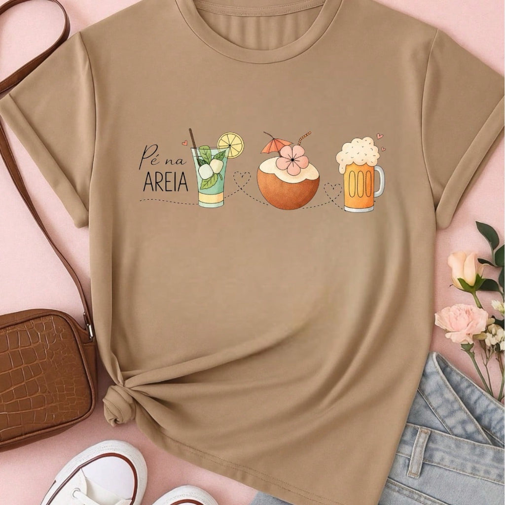 Blusa Feminina 100% Algodão – Estampa Pé na Areia Drinks Confortável – Estampa Verão Praia