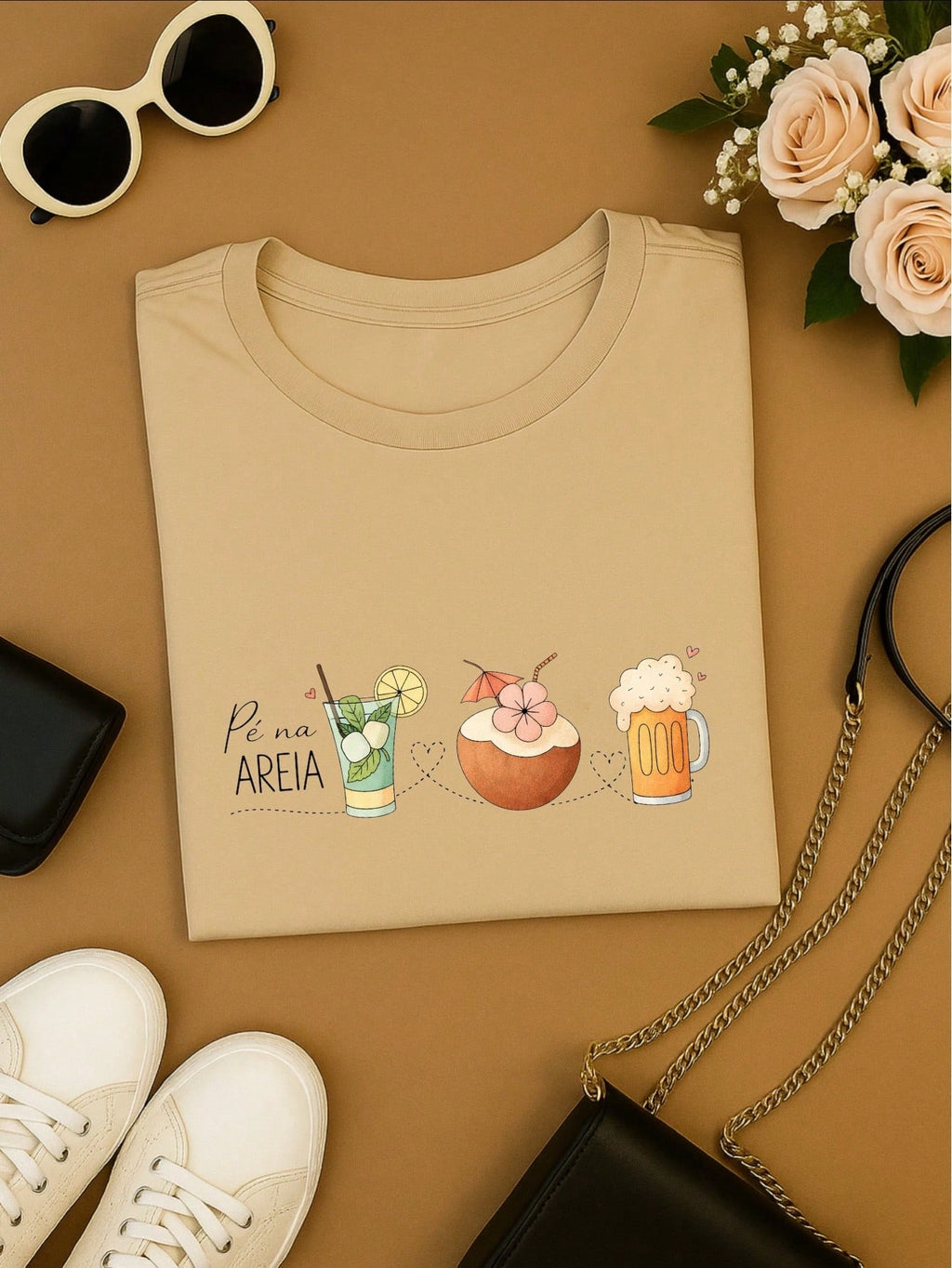 Blusa Feminina 100% Algodão – Estampa Pé na Areia Drinks Confortável – Estampa Verão Praia