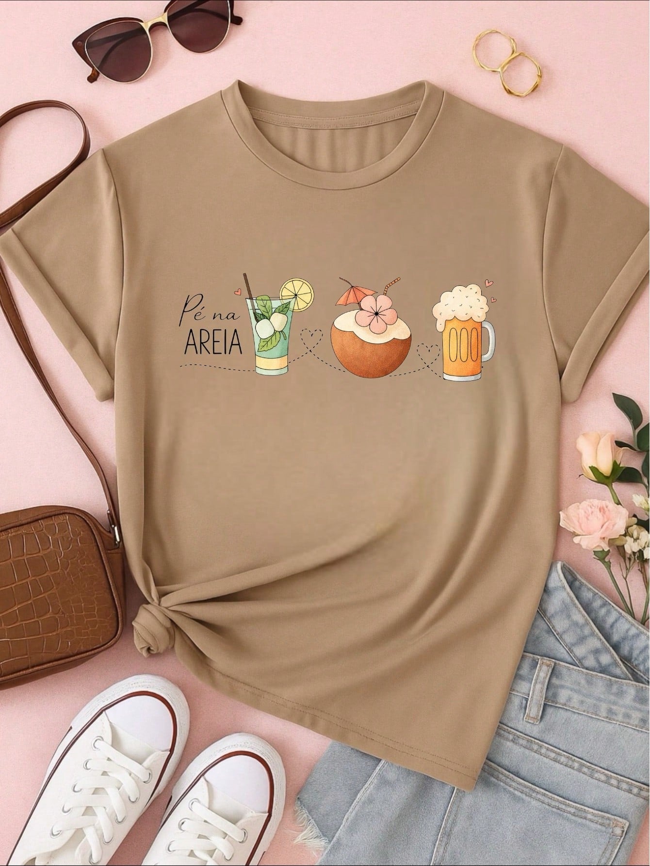 Blusa Feminina 100% Algodão – Estampa Pé na Areia Drinks Confortável – Estampa Verão Praia