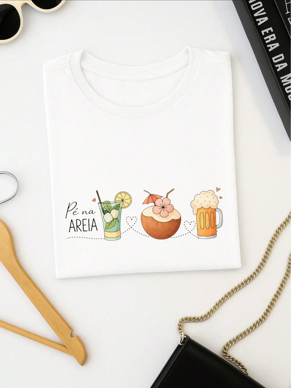 Blusa Feminina 100% Algodão – Estampa Pé na Areia Drinks Confortável – Estampa Verão Praia