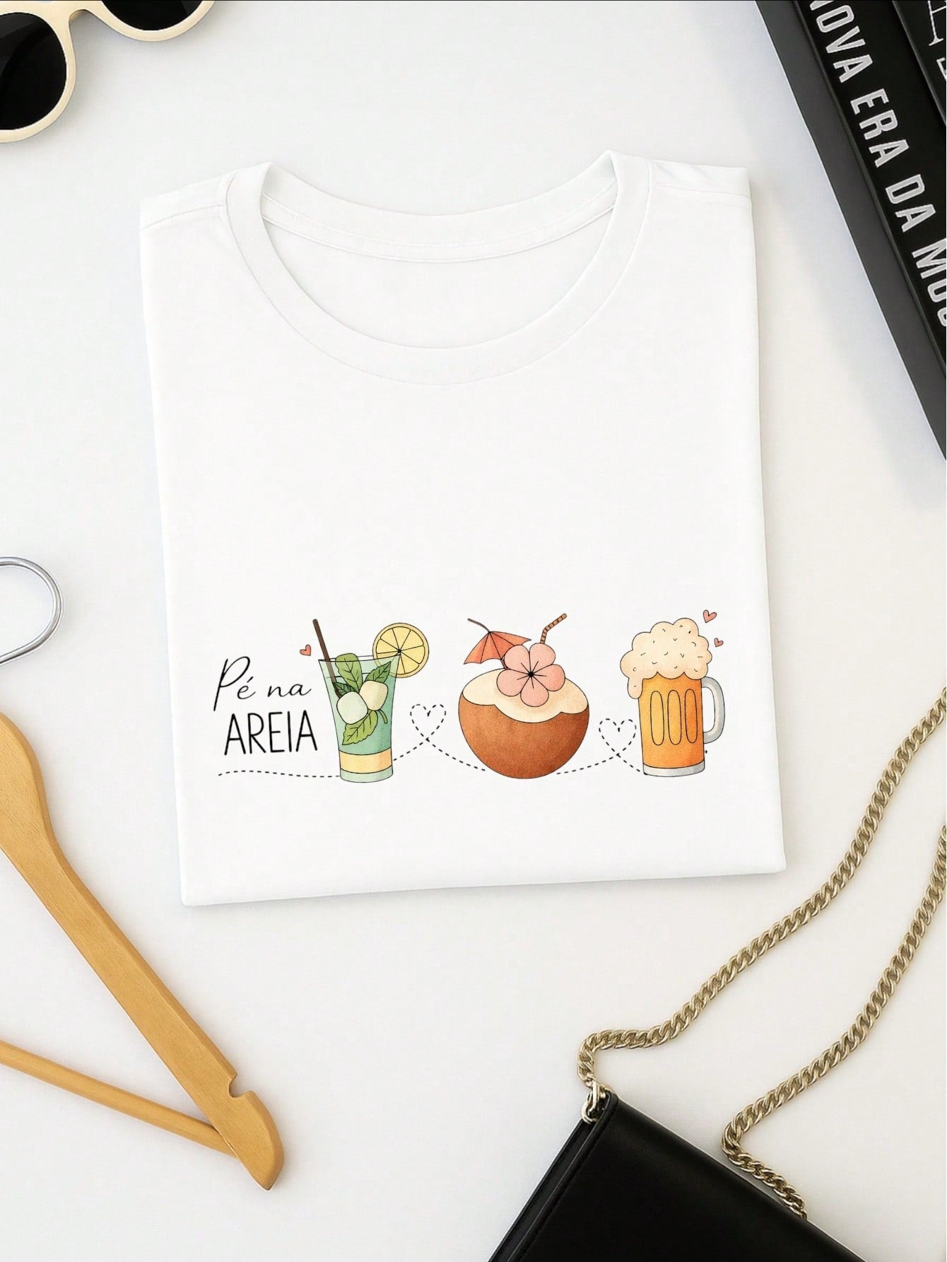 Blusa Feminina 100% Algodão – Estampa Pé na Areia Drinks Confortável – Estampa Verão Praia