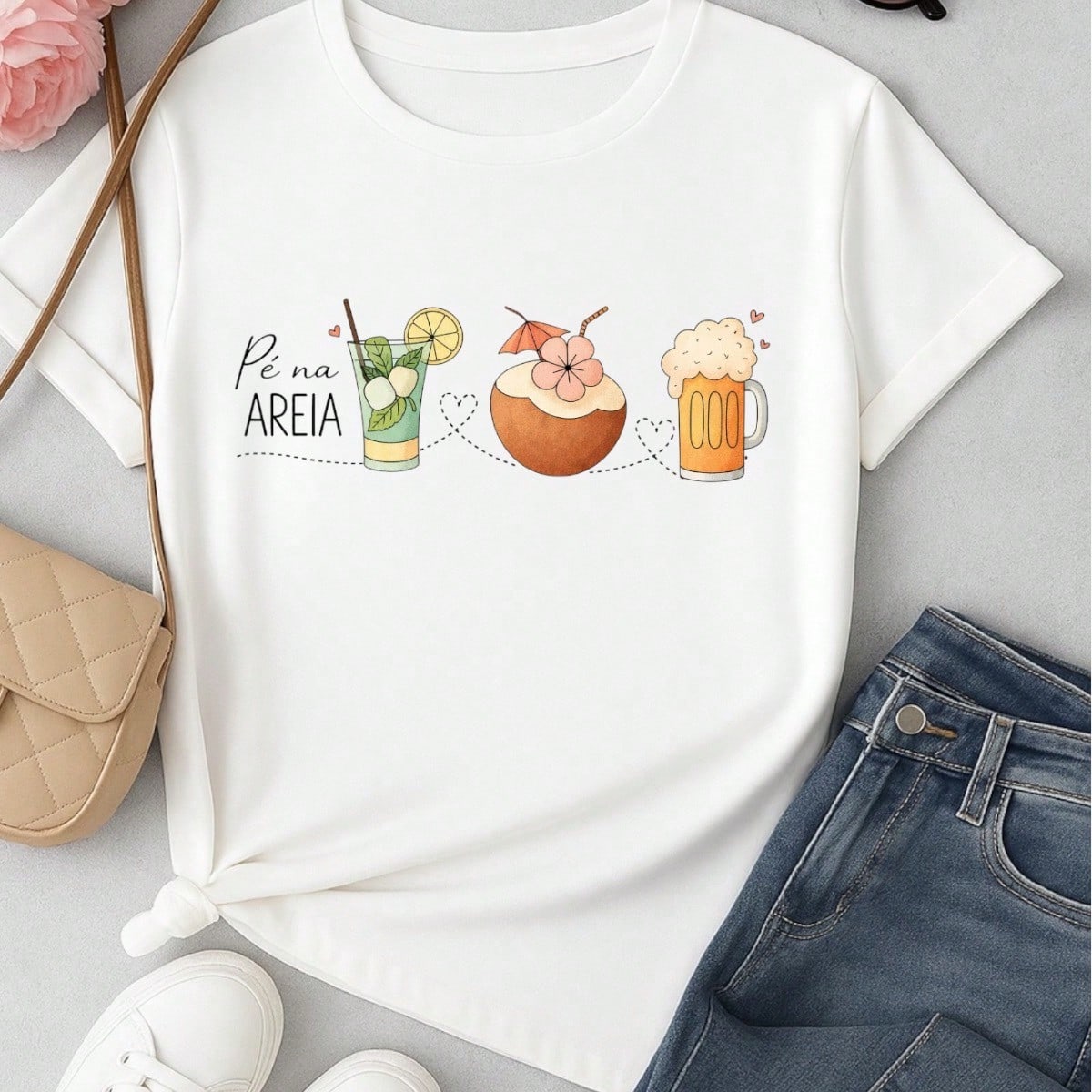 Blusa Feminina 100% Algodão – Estampa Pé na Areia Drinks Confortável – Estampa Verão Praia