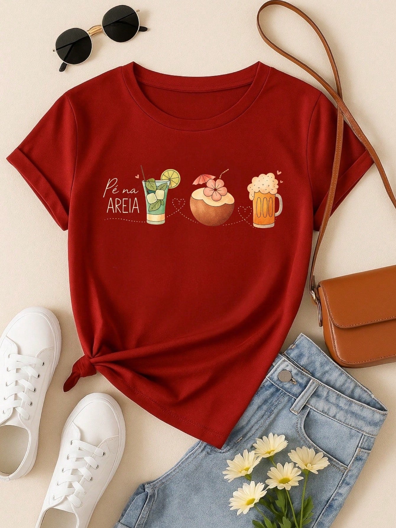 Blusa Feminina 100% Algodão – Estampa Pé na Areia Drinks Confortável – Estampa Verão Praia