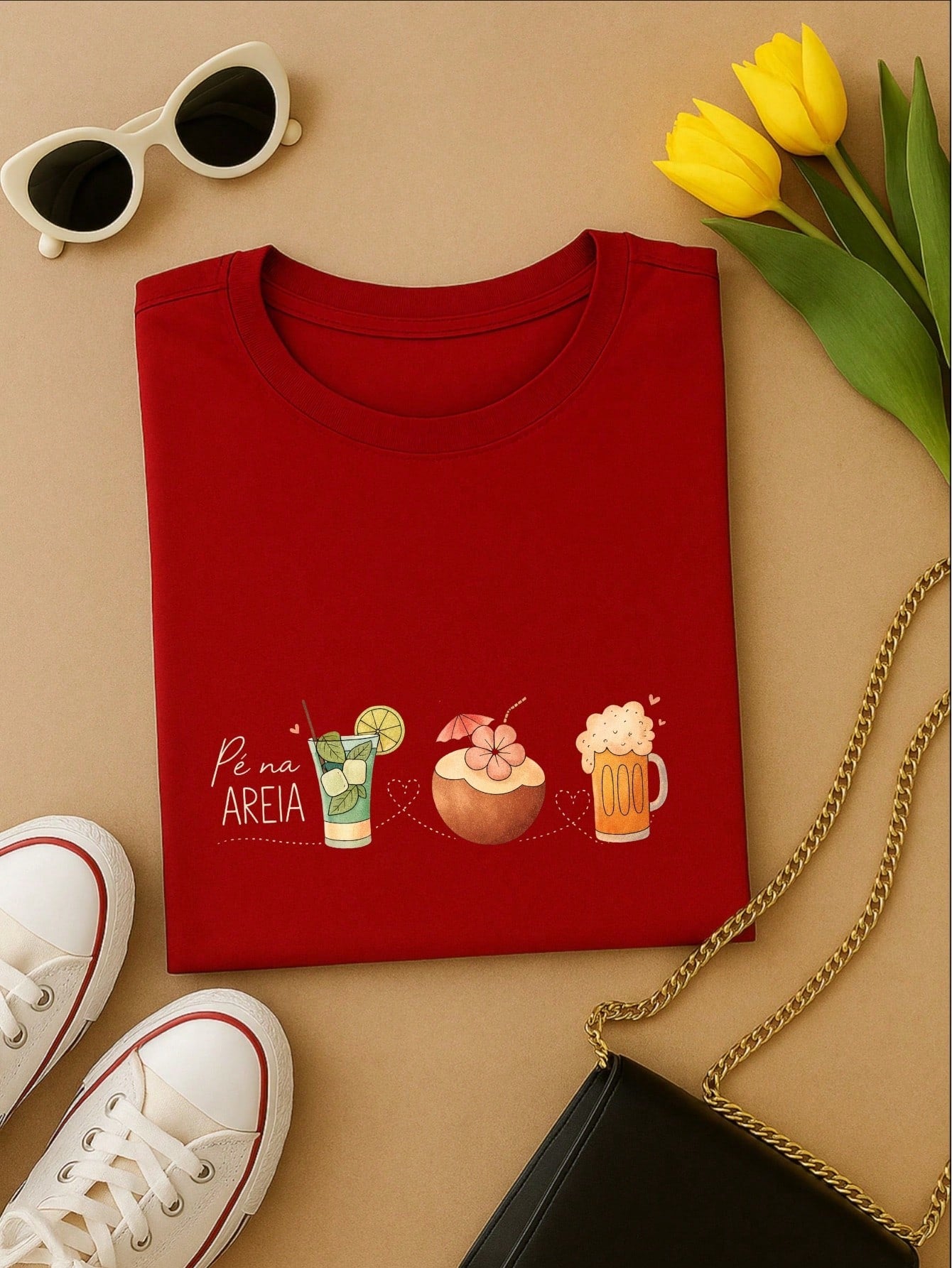 Blusa Feminina 100% Algodão – Estampa Pé na Areia Drinks Confortável – Estampa Verão Praia