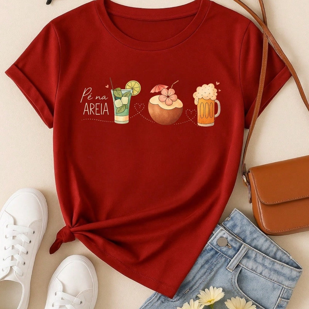 Blusa Feminina 100% Algodão – Estampa Pé na Areia Drinks Confortável – Estampa Verão Praia