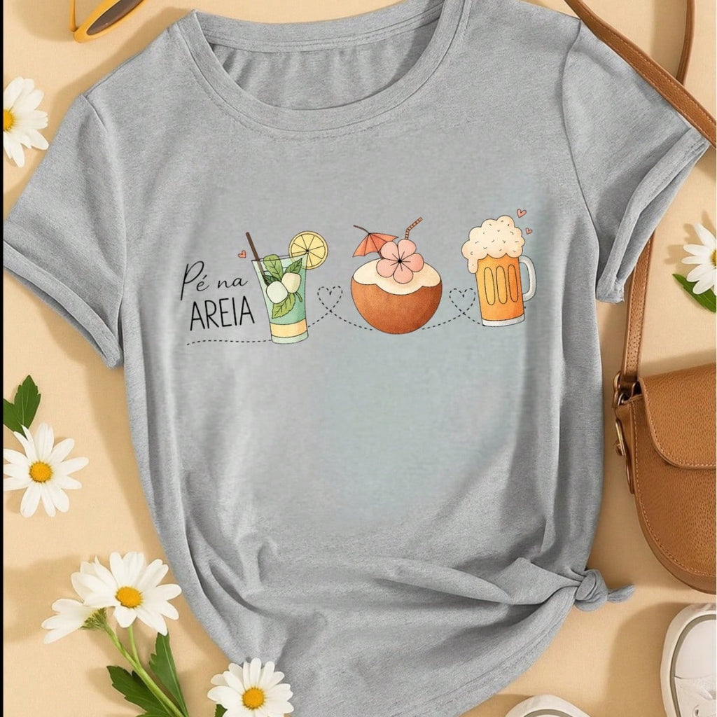 Blusa Feminina 100% Algodão – Estampa Pé na Areia Drinks Confortável – Estampa Verão Praia