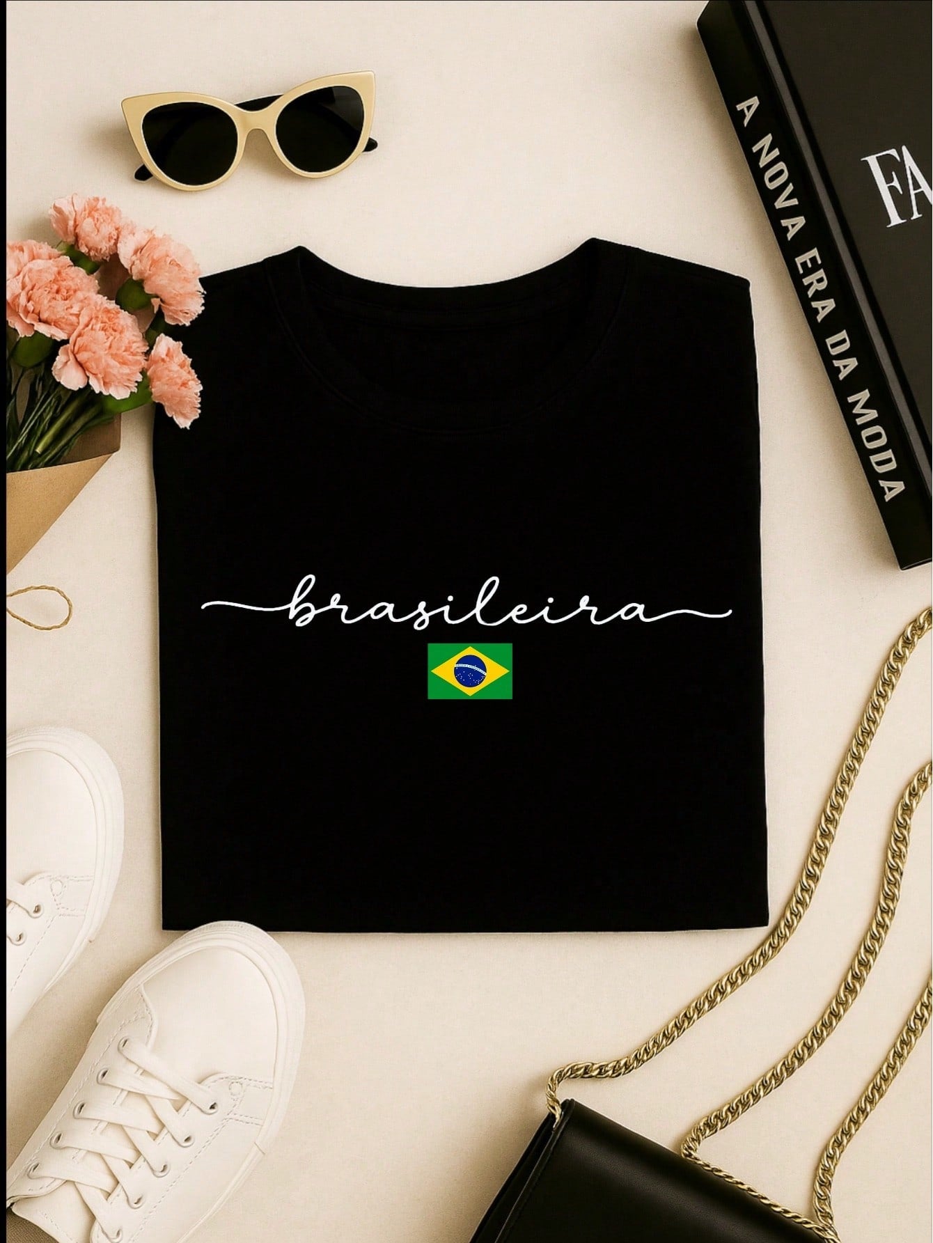 Camiseta Feminina Brasileira Copa Brasil 100% Algodão Estampa Minimalista Casual Confortável P-GG