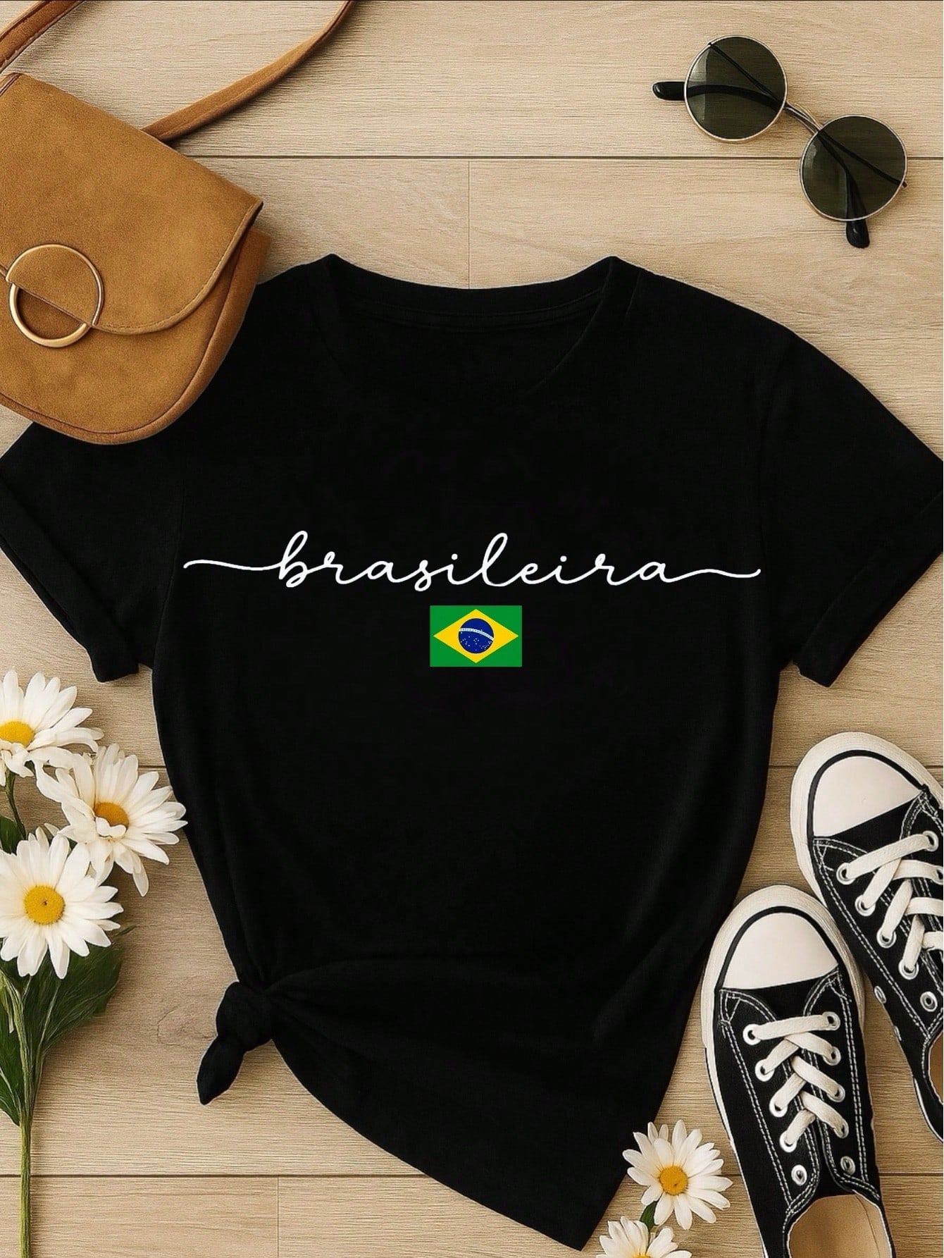 Camiseta Feminina Brasileira Copa Brasil 100% Algodão Estampa Minimalista Casual Confortável P-GG