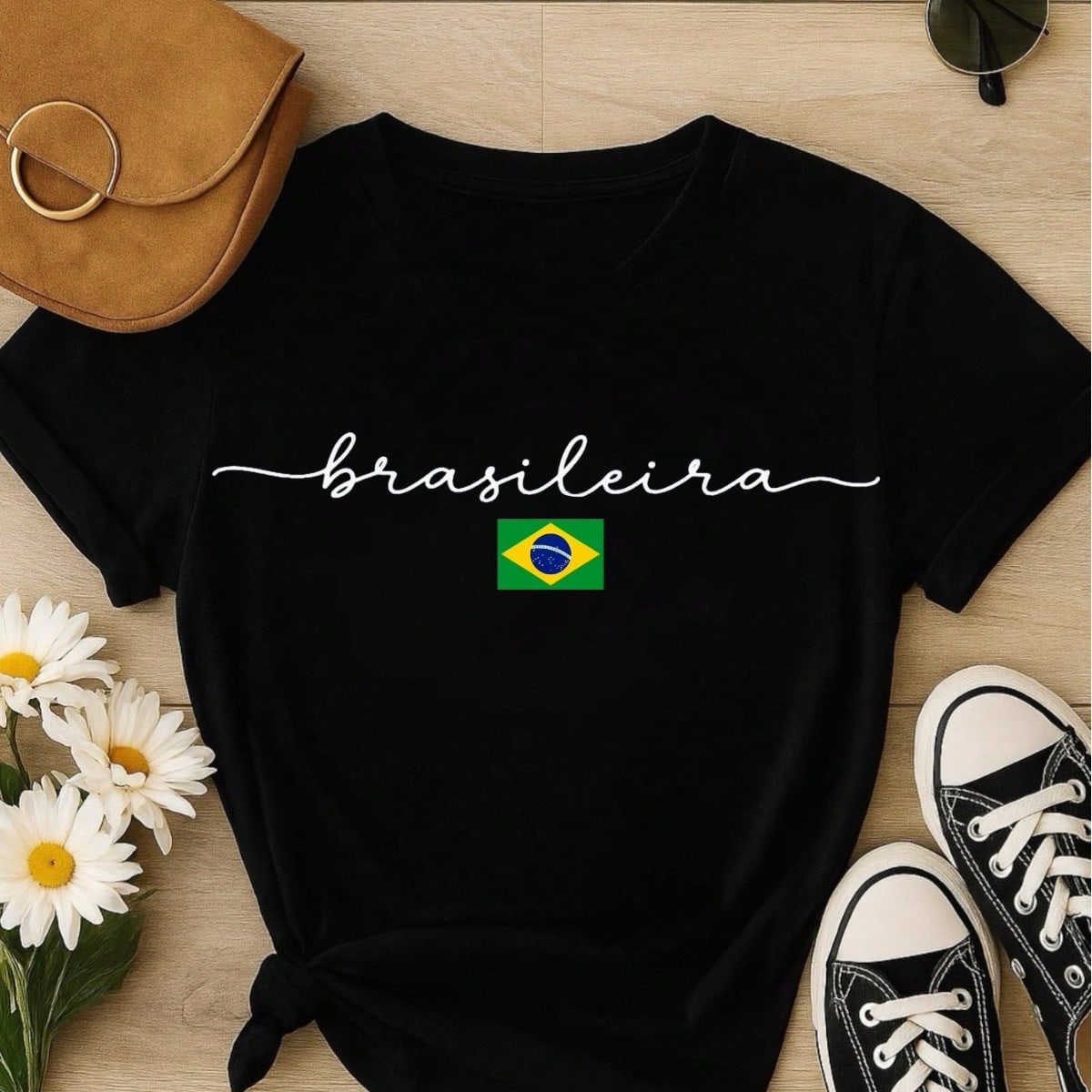 Camiseta Feminina Brasileira Copa Brasil 100% Algodão Estampa Minimalista Casual Confortável P-GG