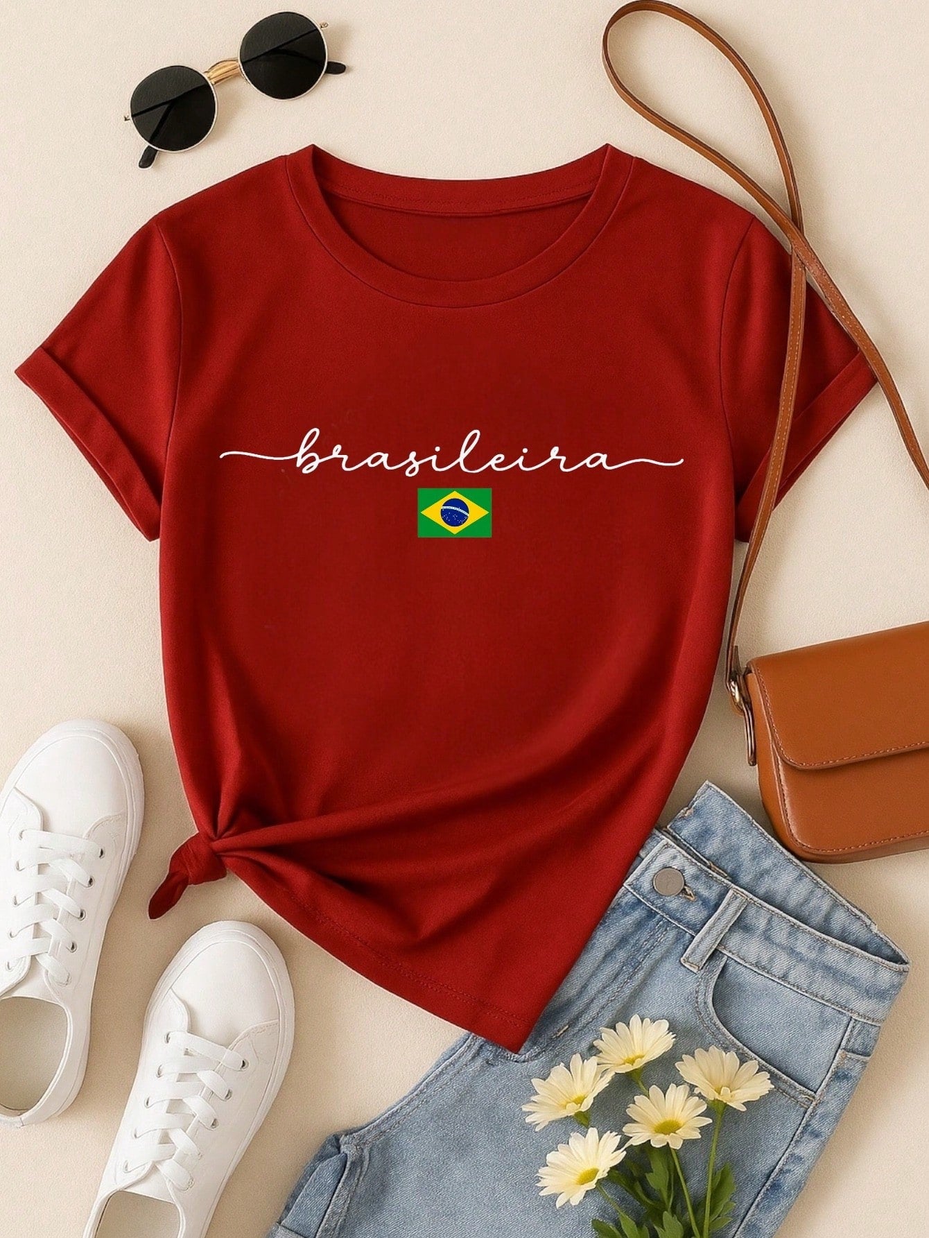 Camiseta Feminina Brasileira Copa Brasil 100% Algodão Estampa Minimalista Casual Confortável P-GG