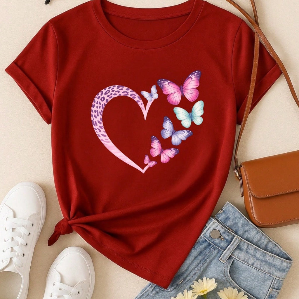 Camiseta Feminina 100% Algodão Coração com Borboletas Estampa Delicada Casual P-GG