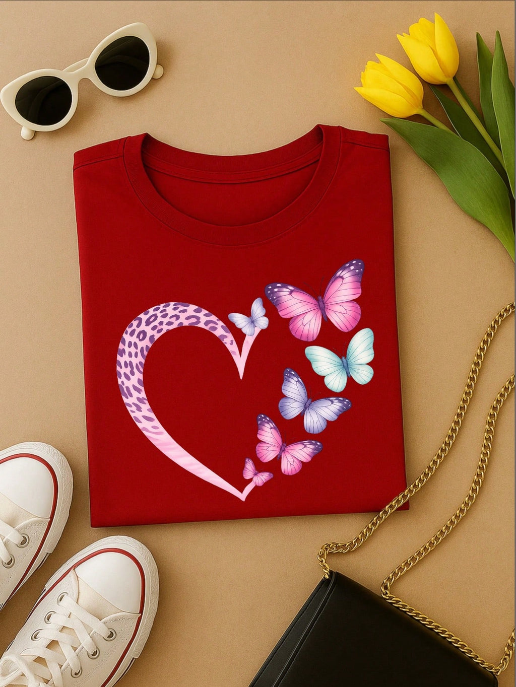 Camiseta Feminina 100% Algodão Coração com Borboletas Estampa Delicada Casual P-GG