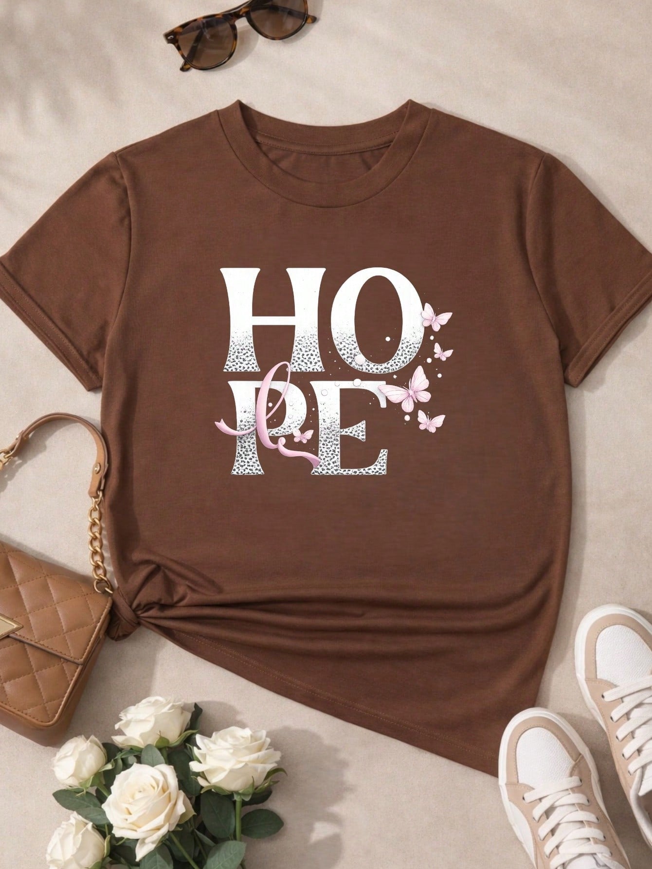 Camiseta Feminina 100% Algodão TShirt Babylook BLUSA Estampa HOPE com Borboletas Casual P-GG