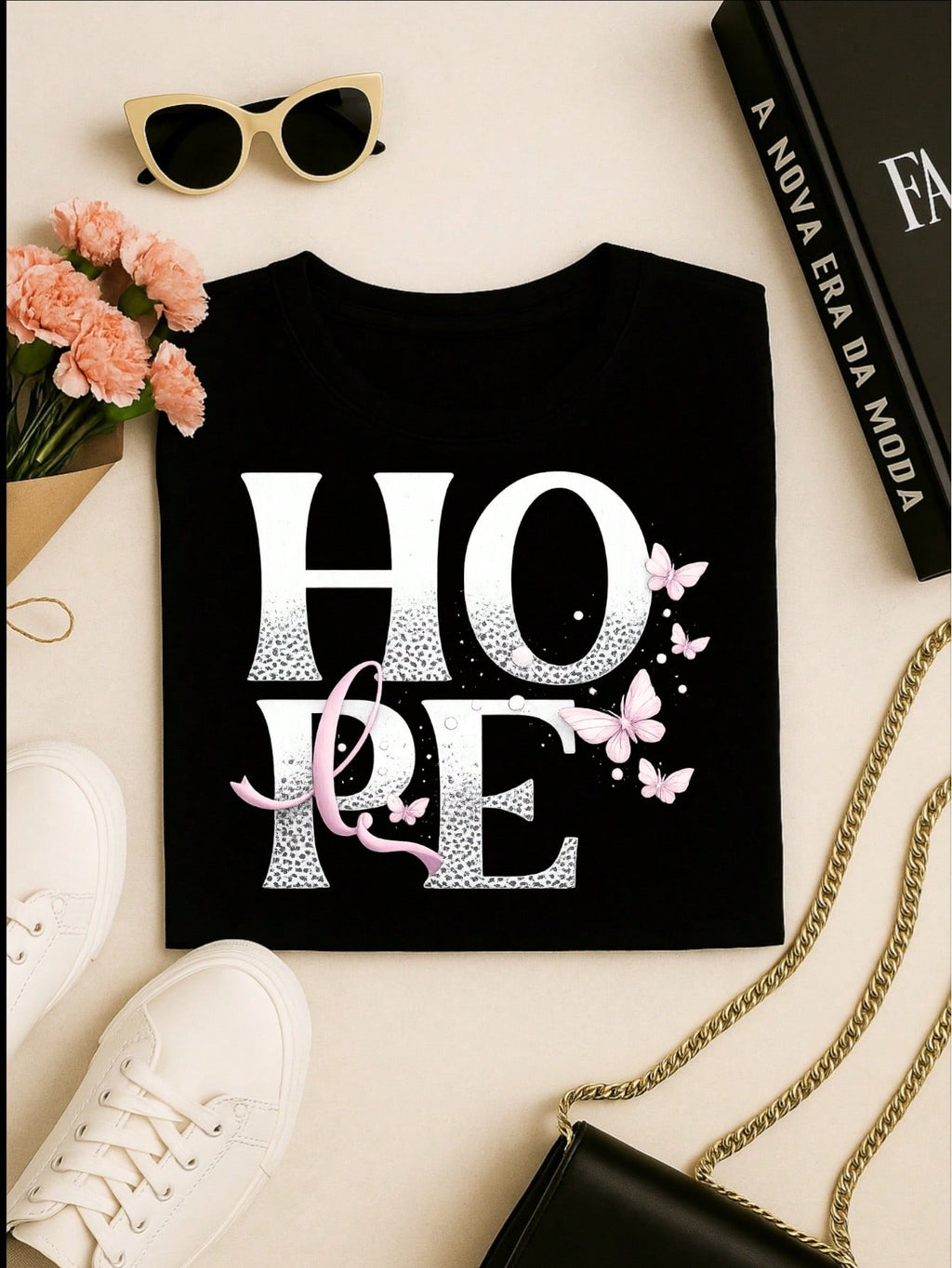 Camiseta Feminina 100% Algodão TShirt Babylook BLUSA Estampa HOPE com Borboletas Casual P-GG