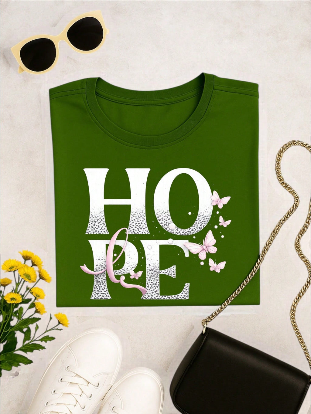 Camiseta Feminina 100% Algodão TShirt Babylook BLUSA Estampa HOPE com Borboletas Casual P-GG