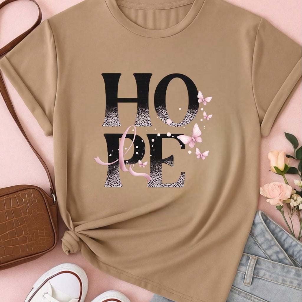 Camiseta Feminina 100% Algodão TShirt Babylook BLUSA Estampa HOPE com Borboletas Casual P-GG