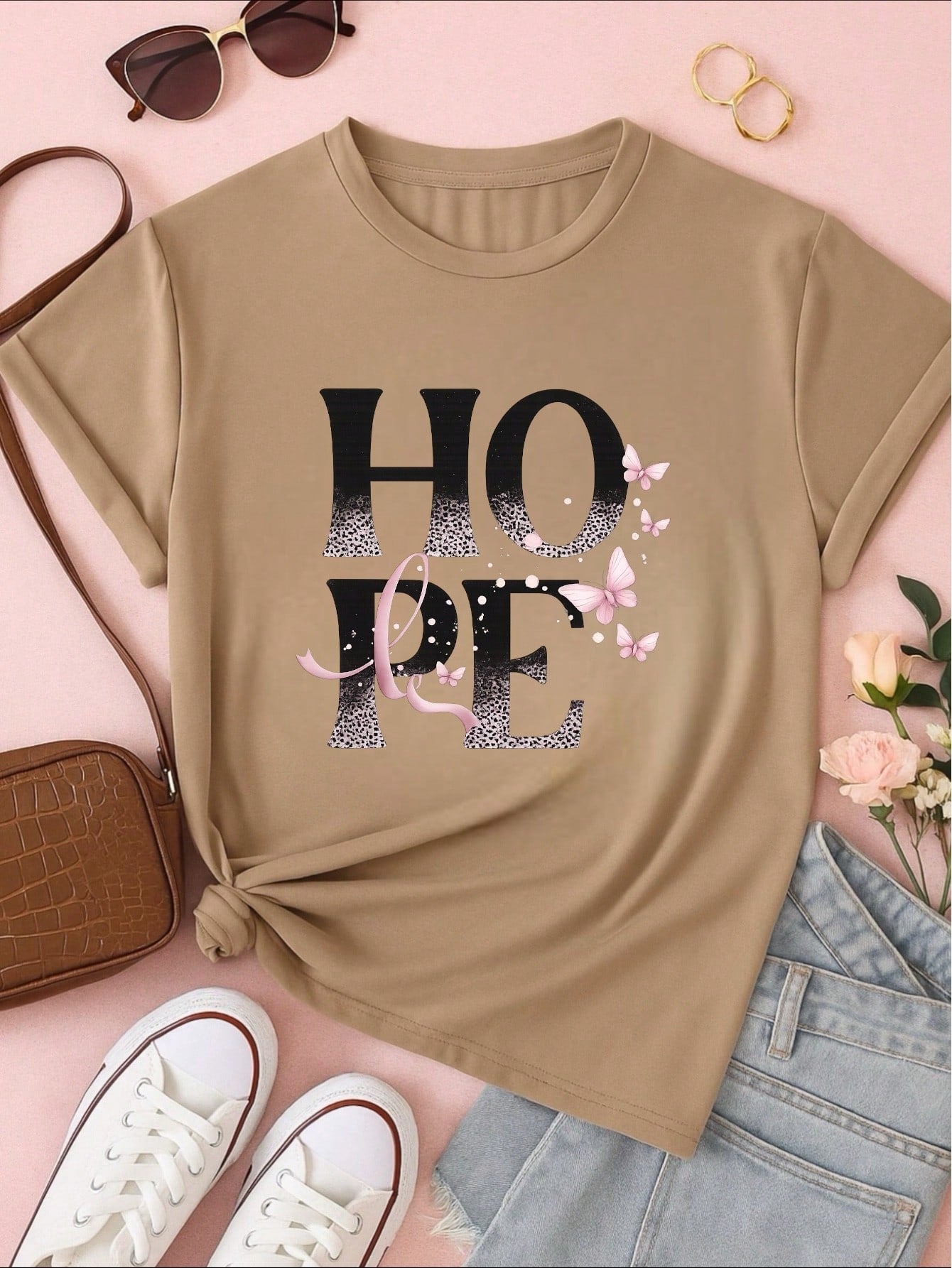 Camiseta Feminina 100% Algodão TShirt Babylook BLUSA Estampa HOPE com Borboletas Casual P-GG