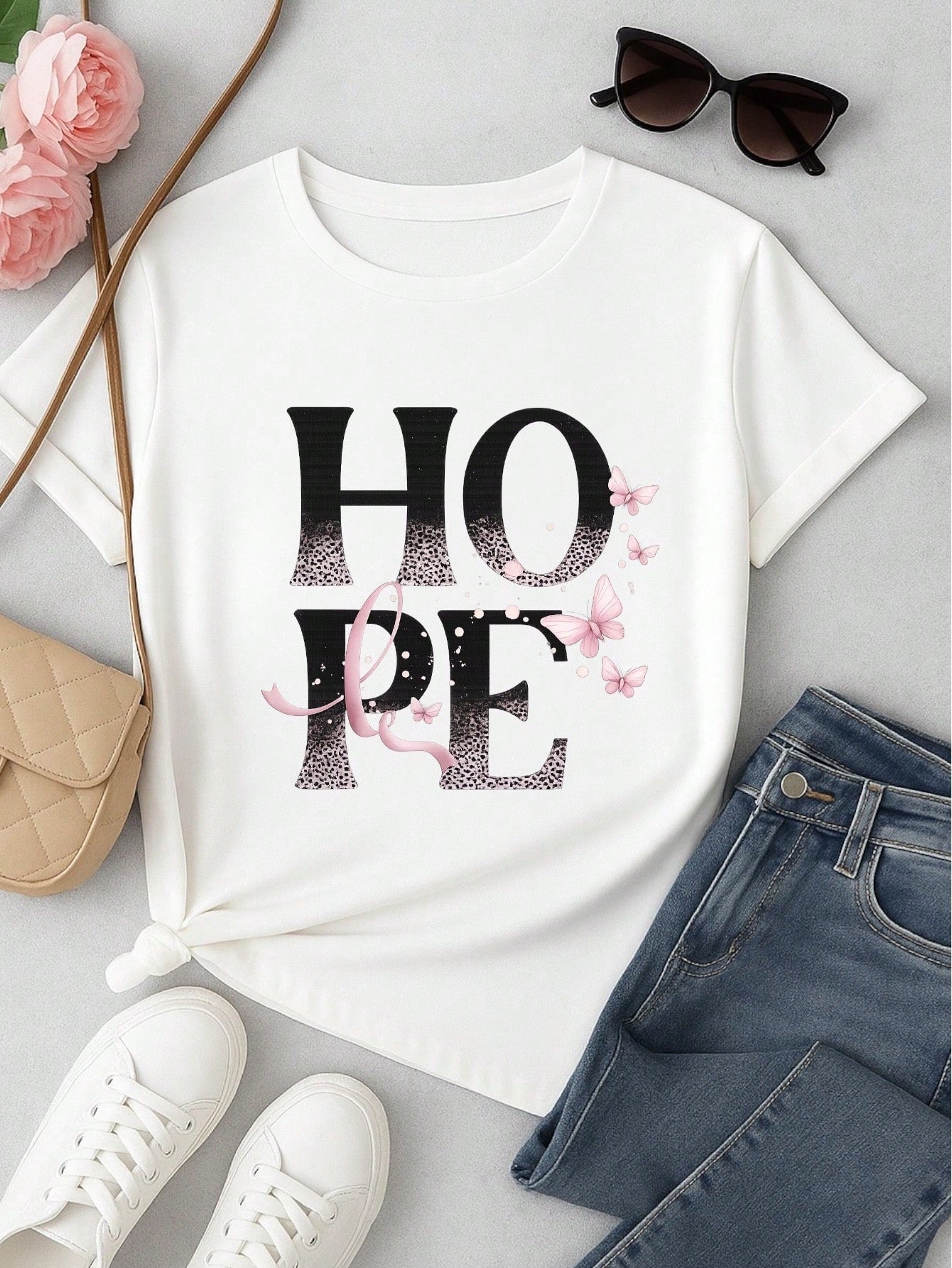 Camiseta Feminina 100% Algodão TShirt Babylook BLUSA Estampa HOPE com Borboletas Casual P-GG