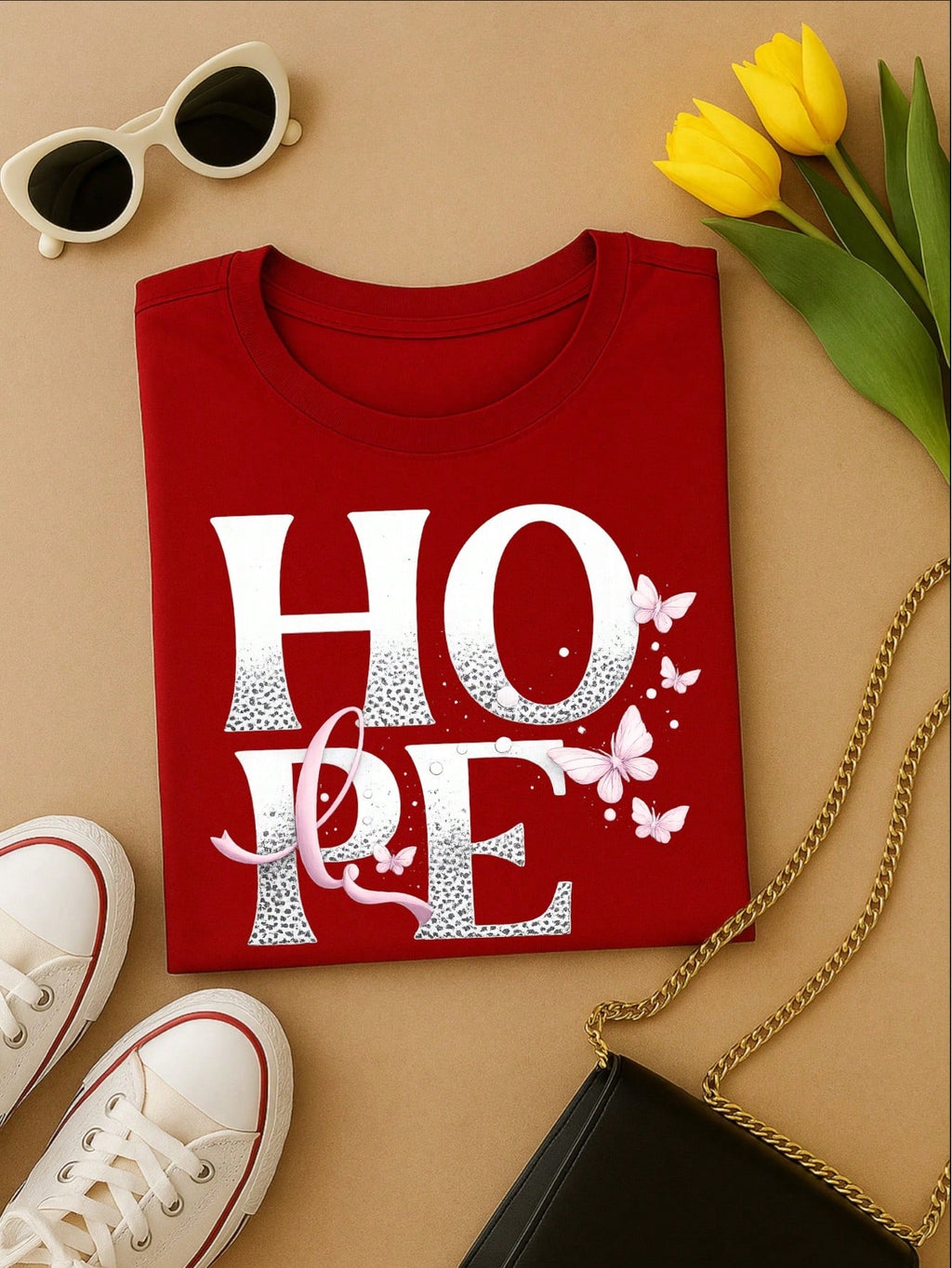 Camiseta Feminina 100% Algodão TShirt Babylook BLUSA Estampa HOPE com Borboletas Casual P-GG