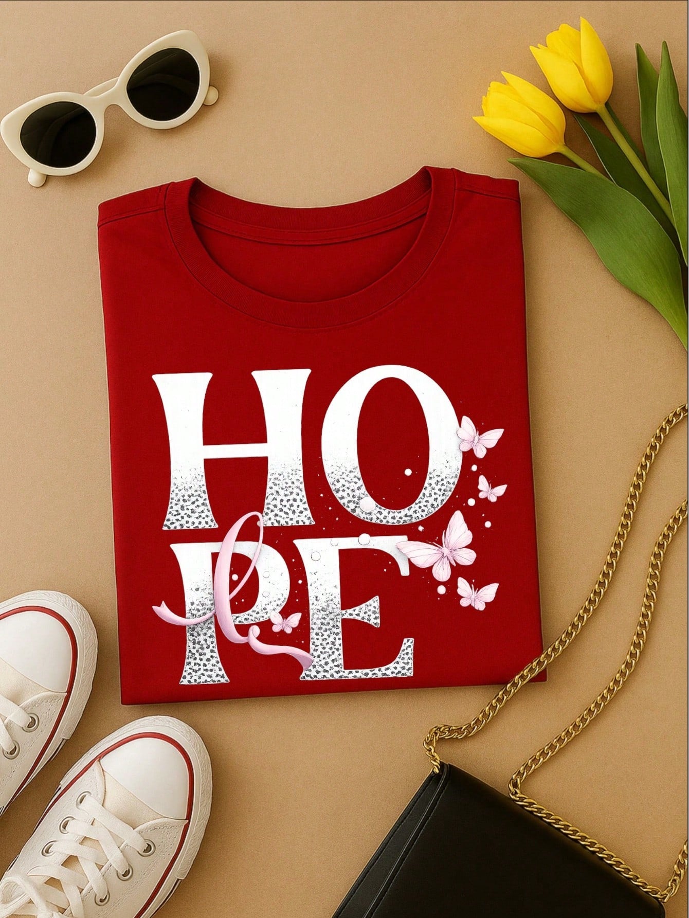 Camiseta Feminina 100% Algodão TShirt Babylook BLUSA Estampa HOPE com Borboletas Casual P-GG