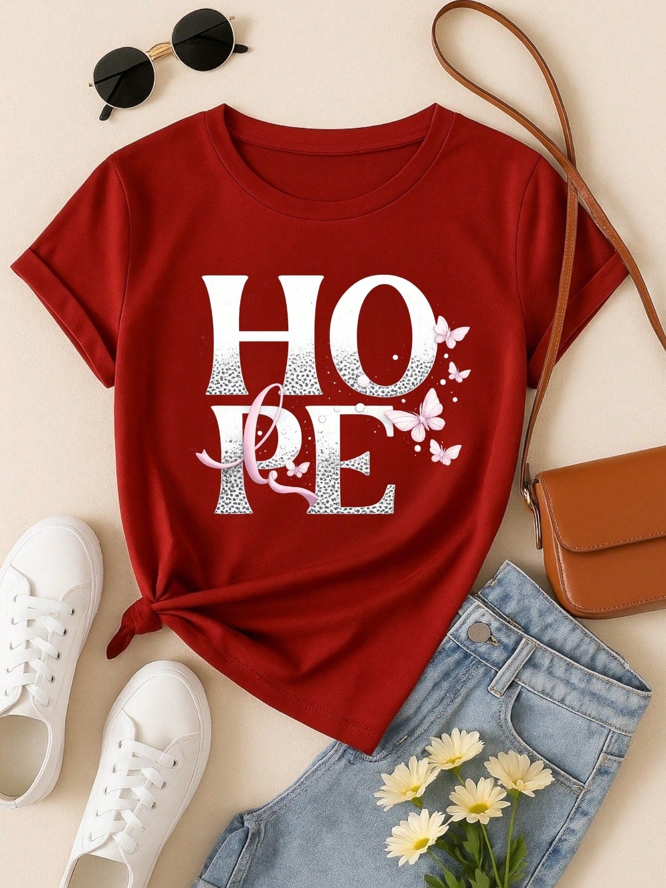 Camiseta Feminina 100% Algodão TShirt Babylook BLUSA Estampa HOPE com Borboletas Casual P-GG