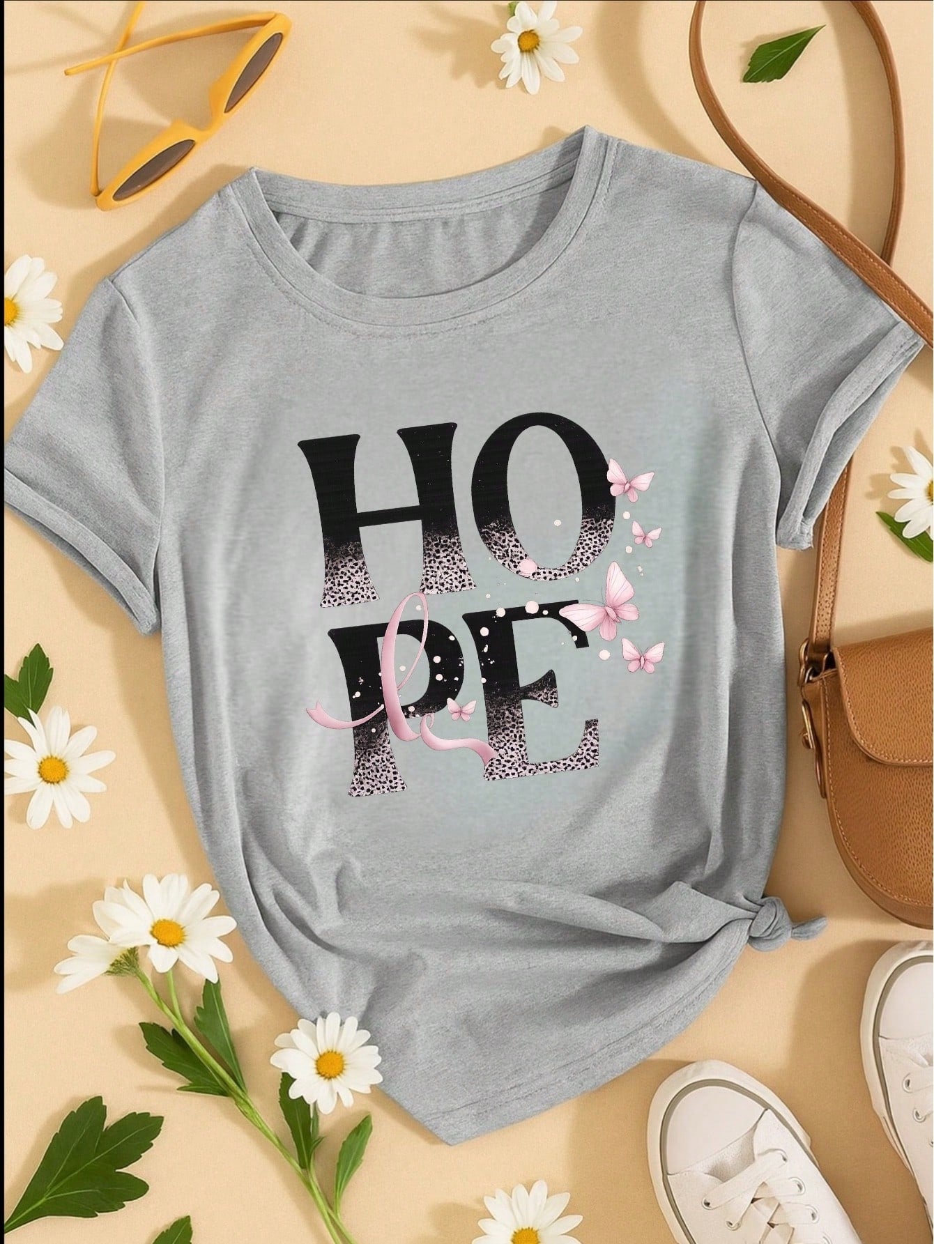 Camiseta Feminina 100% Algodão TShirt Babylook BLUSA Estampa HOPE com Borboletas Casual P-GG