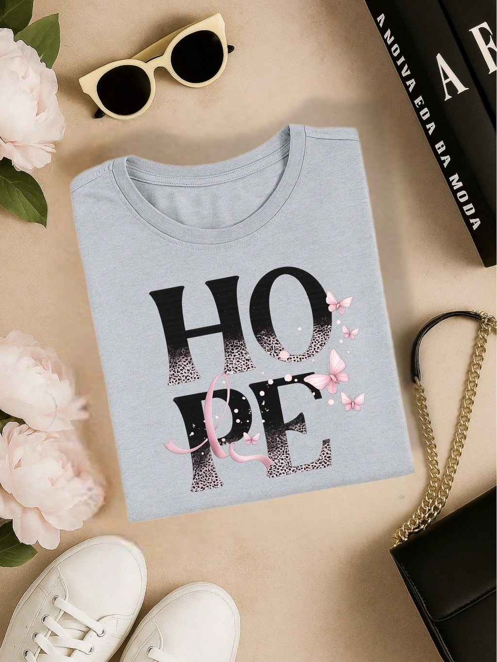 Camiseta Feminina 100% Algodão TShirt Babylook BLUSA Estampa HOPE com Borboletas Casual P-GG