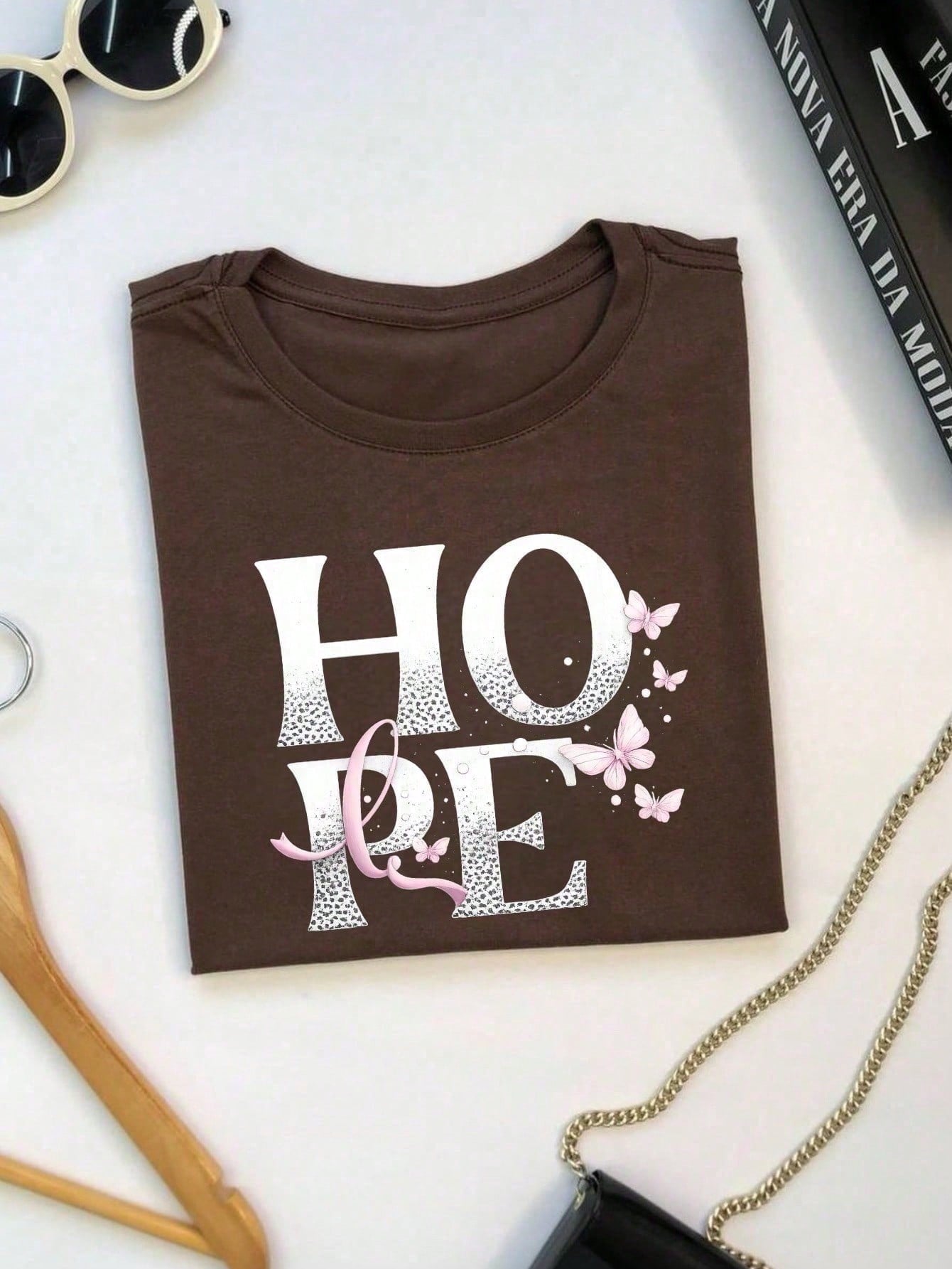 Camiseta Feminina 100% Algodão TShirt Babylook BLUSA Estampa HOPE com Borboletas Casual P-GG