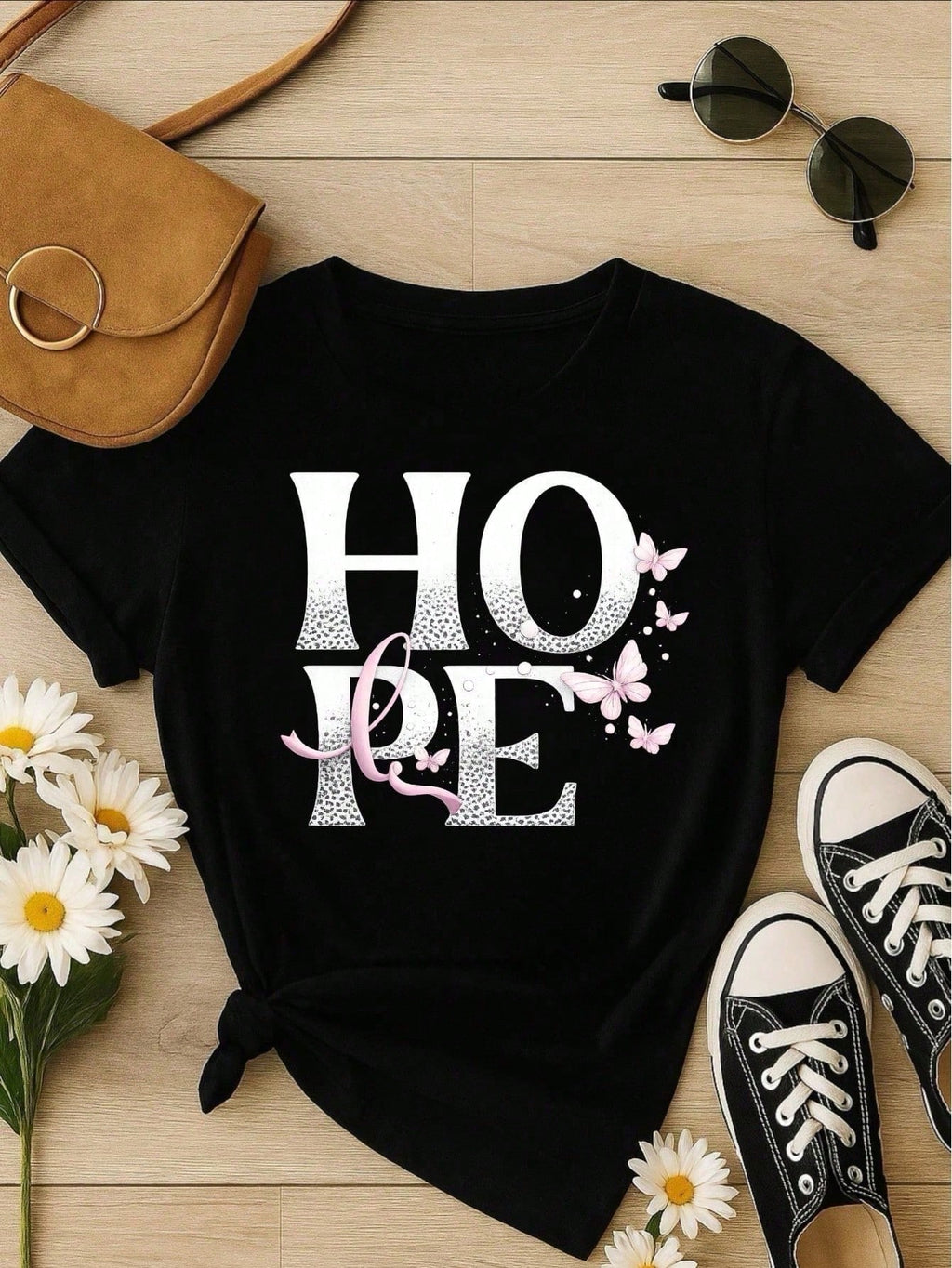 Camiseta Feminina 100% Algodão TShirt Babylook BLUSA Estampa HOPE com Borboletas Casual P-GG