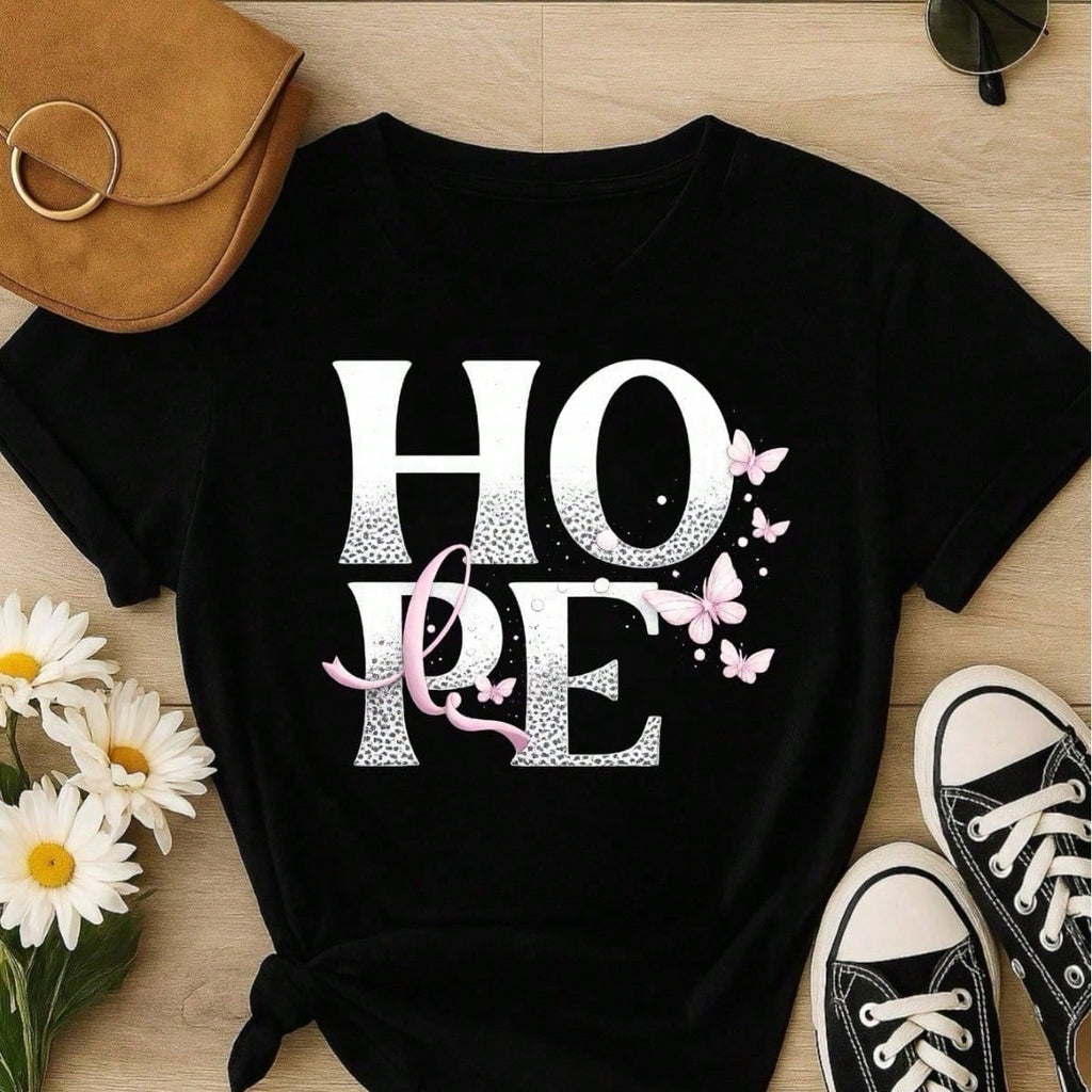 Camiseta Feminina 100% Algodão TShirt Babylook BLUSA Estampa HOPE com Borboletas Casual P-GG