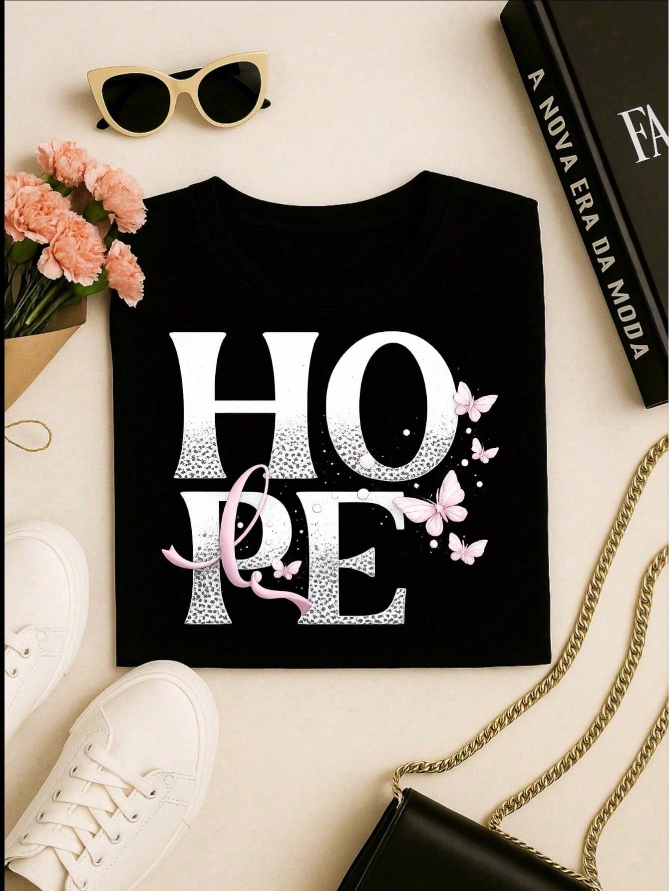 Camiseta Feminina 100% Algodão TShirt Babylook BLUSA Estampa HOPE com Borboletas Casual P-GG