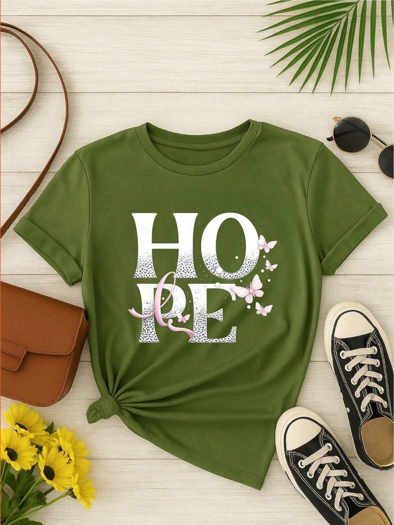 Camiseta Feminina 100% Algodão TShirt Babylook BLUSA Estampa HOPE com Borboletas Casual P-GG