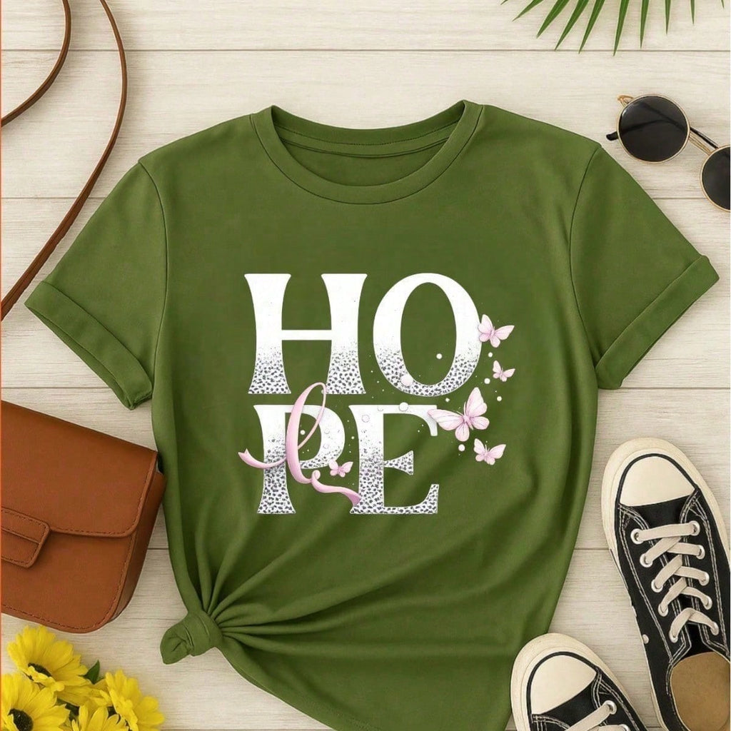 Camiseta Feminina 100% Algodão TShirt Babylook BLUSA Estampa HOPE com Borboletas Casual P-GG