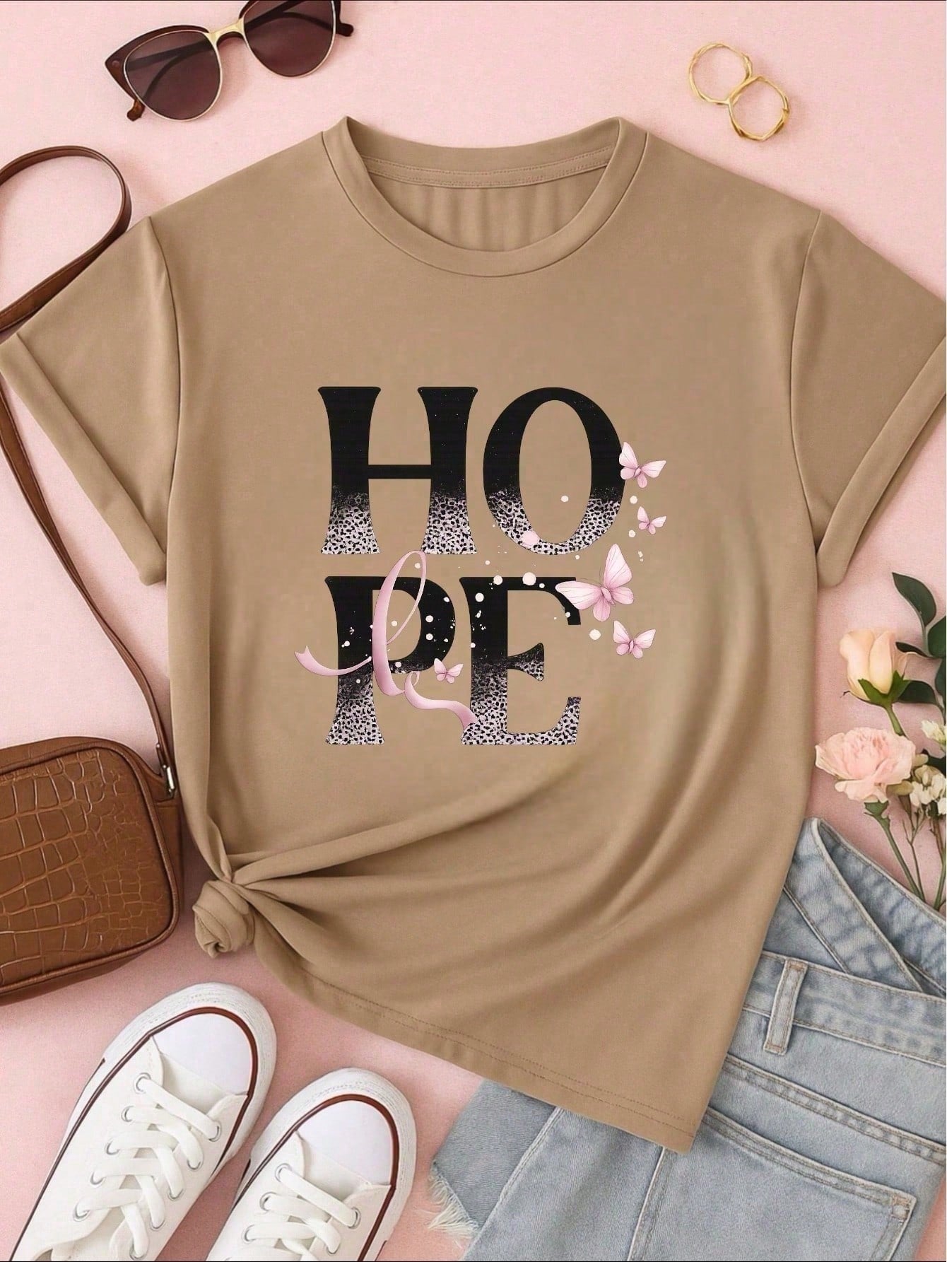 Camiseta Feminina 100% Algodão TShirt Babylook BLUSA Estampa HOPE com Borboletas Casual P-GG