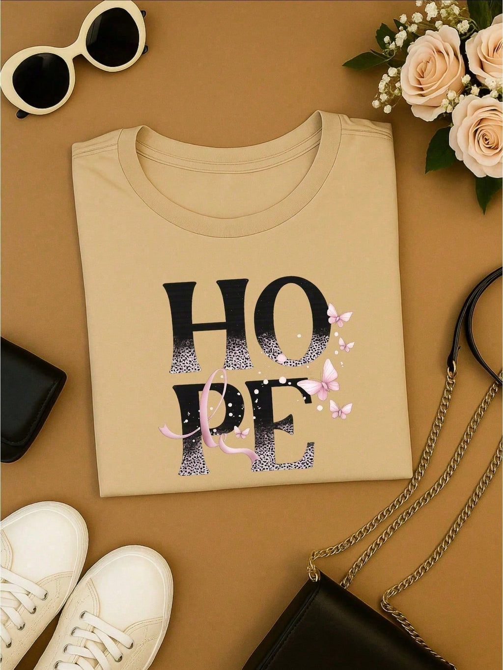 Camiseta Feminina 100% Algodão TShirt Babylook BLUSA Estampa HOPE com Borboletas Casual P-GG