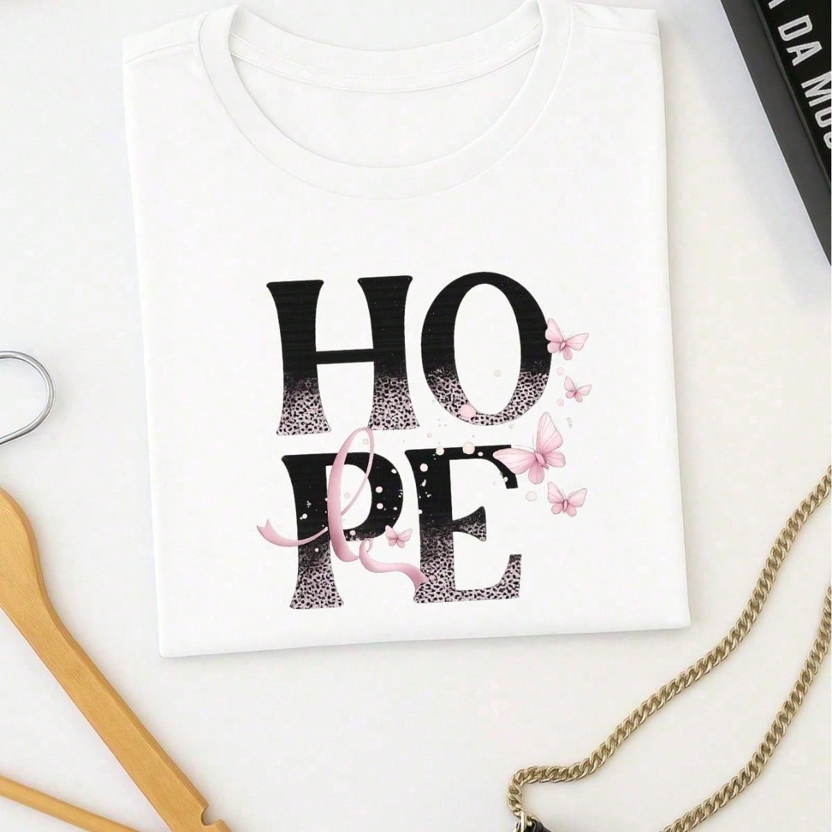 Camiseta Feminina 100% Algodão TShirt Babylook BLUSA Estampa HOPE com Borboletas Casual P-GG