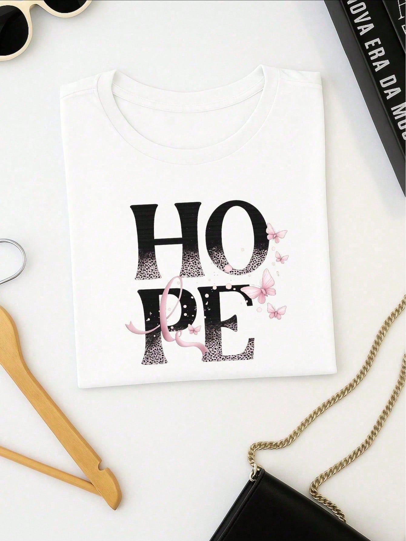 Camiseta Feminina 100% Algodão TShirt Babylook BLUSA Estampa HOPE com Borboletas Casual P-GG