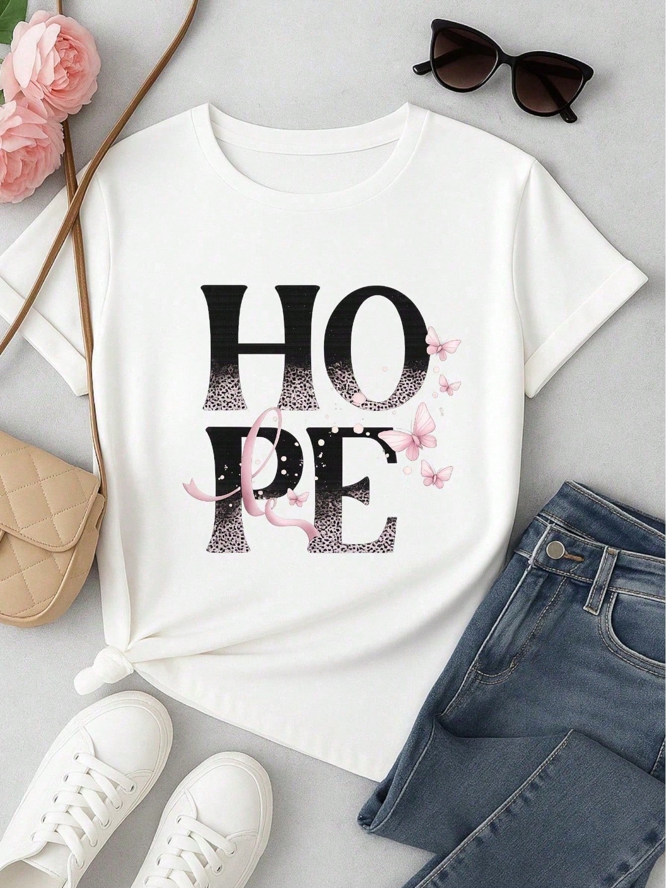 Camiseta Feminina 100% Algodão TShirt Babylook BLUSA Estampa HOPE com Borboletas Casual P-GG