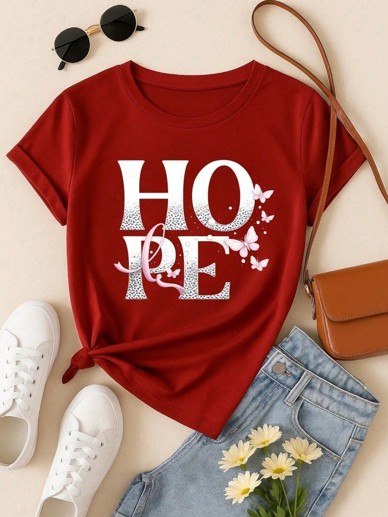 Camiseta Feminina 100% Algodão TShirt Babylook BLUSA Estampa HOPE com Borboletas Casual P-GG