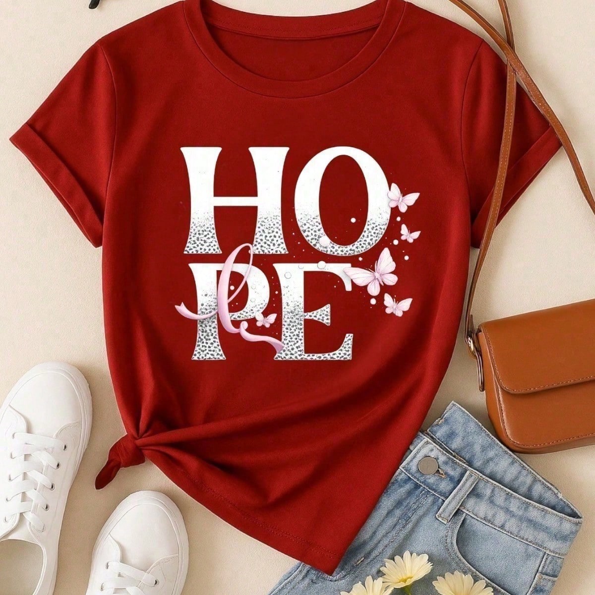 Camiseta Feminina 100% Algodão TShirt Babylook BLUSA Estampa HOPE com Borboletas Casual P-GG