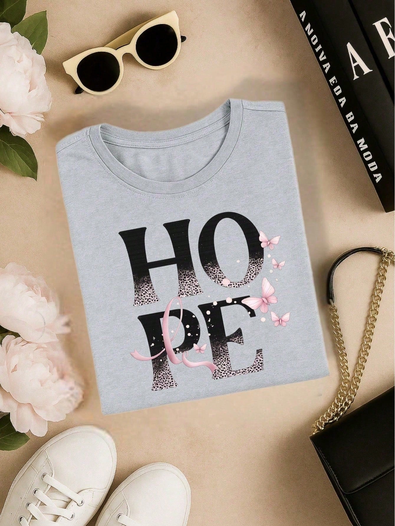 Camiseta Feminina 100% Algodão TShirt Babylook BLUSA Estampa HOPE com Borboletas Casual P-GG