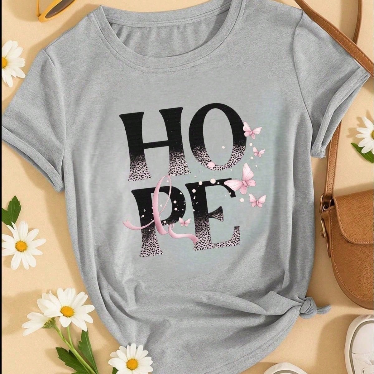 Camiseta Feminina 100% Algodão TShirt Babylook BLUSA Estampa HOPE com Borboletas Casual P-GG