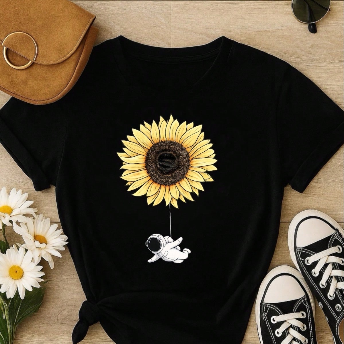 Camiseta Feminina Blusa T-shirt 100% Algodão Estampa Girassol Astronauta Casual P-GG