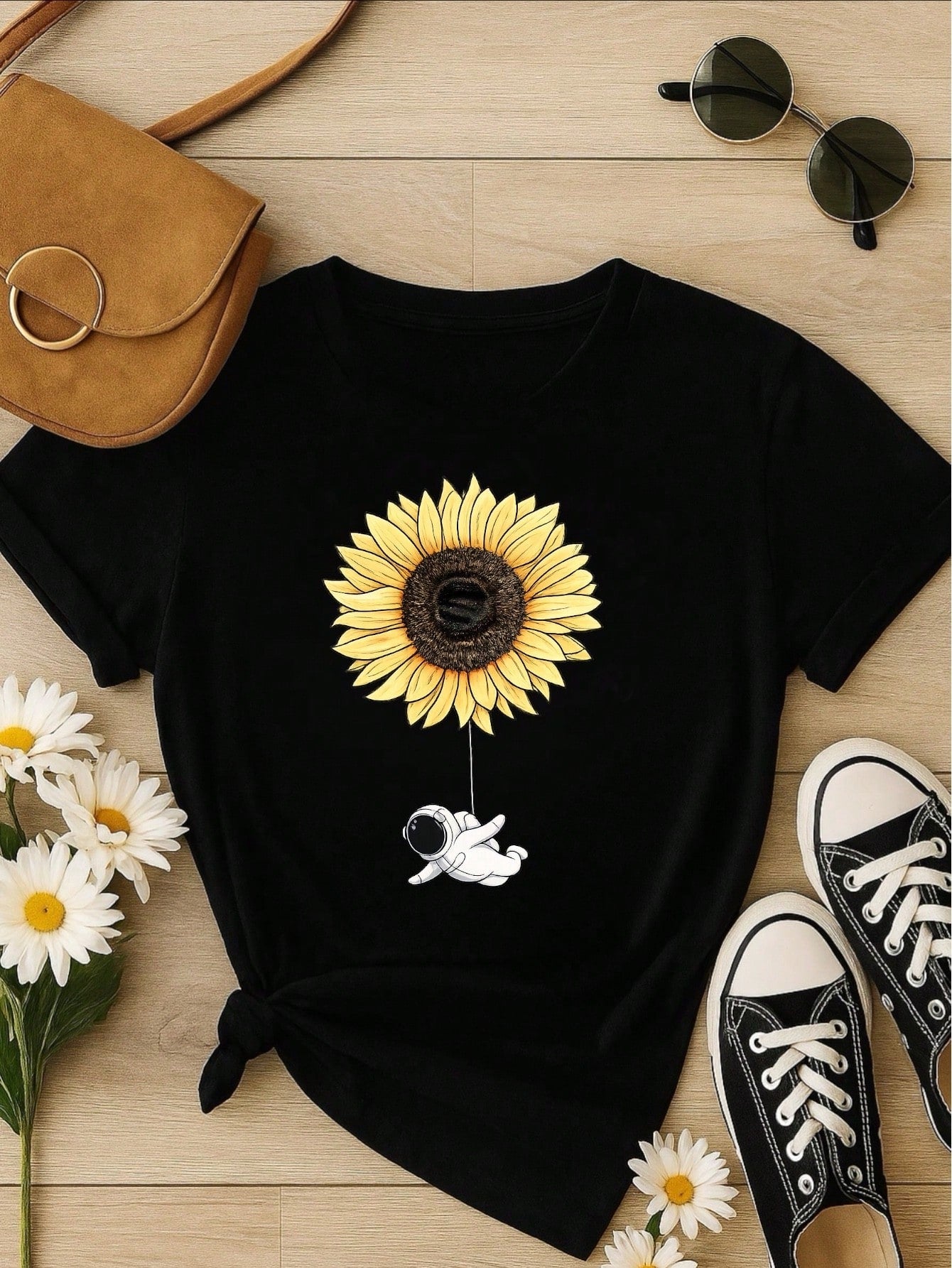 Camiseta Feminina Blusa T-shirt 100% Algodão Estampa Girassol Astronauta Casual P-GG