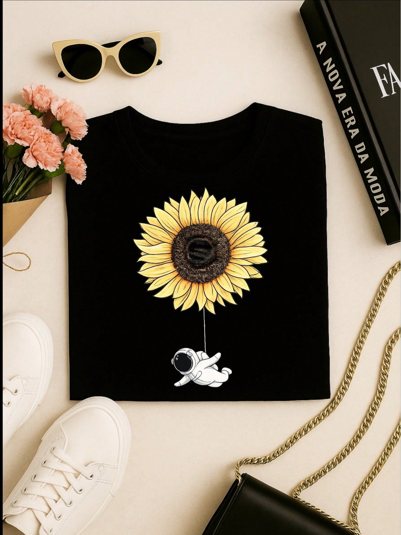Camiseta Feminina Blusa T-shirt 100% Algodão Estampa Girassol Astronauta Casual P-GG