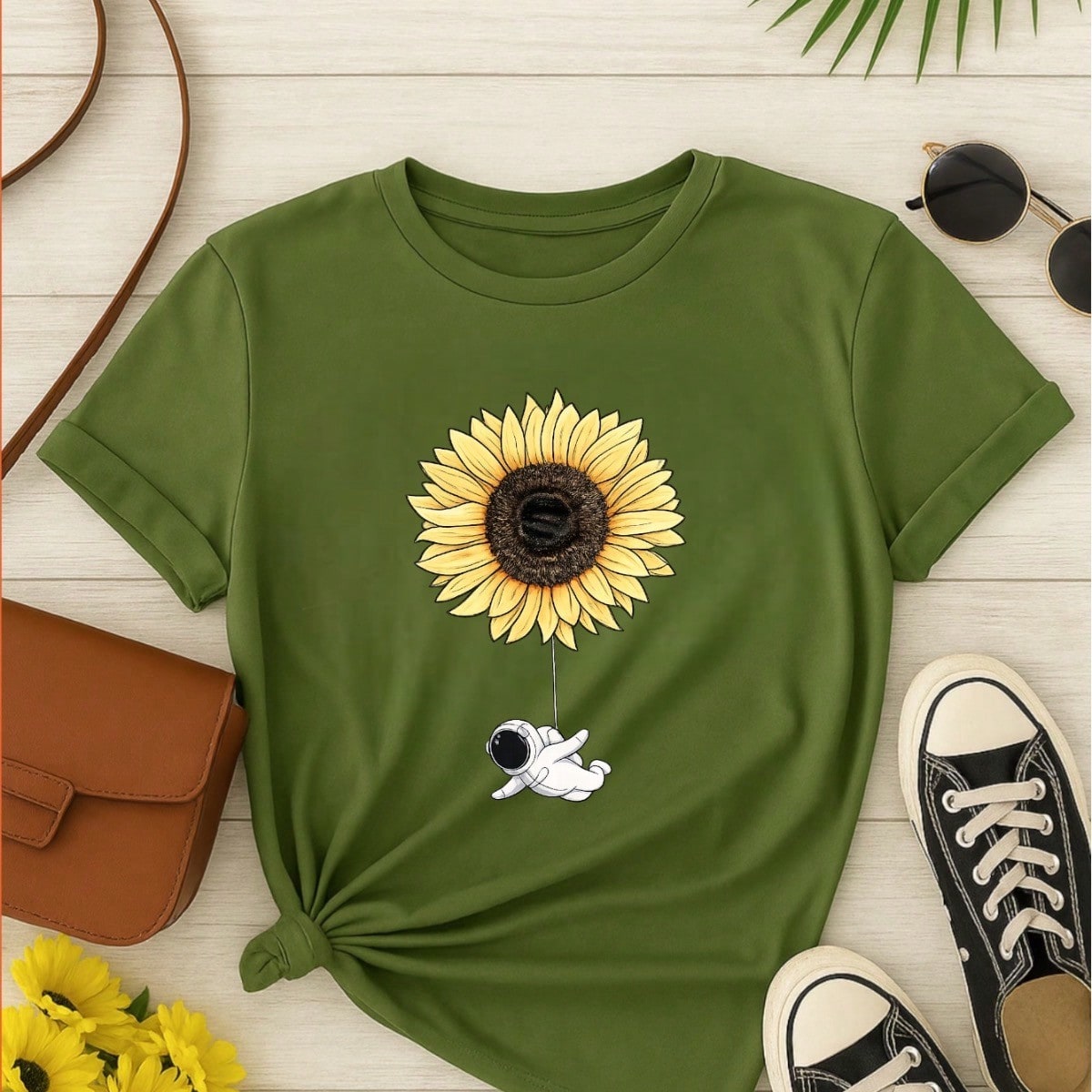 Camiseta Feminina Blusa T-shirt 100% Algodão Estampa Girassol Astronauta Casual P-GG