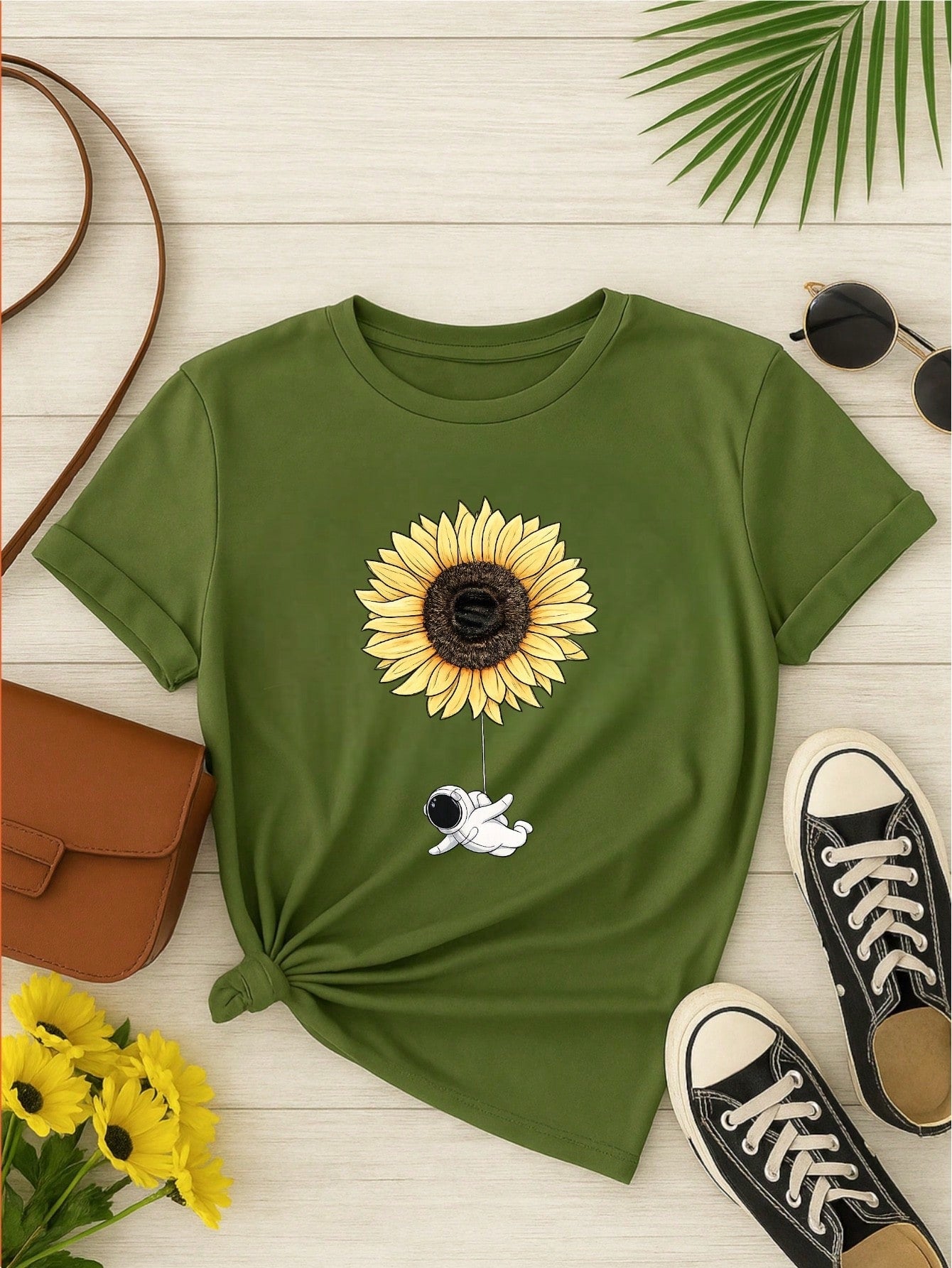 Camiseta Feminina Blusa T-shirt 100% Algodão Estampa Girassol Astronauta Casual P-GG