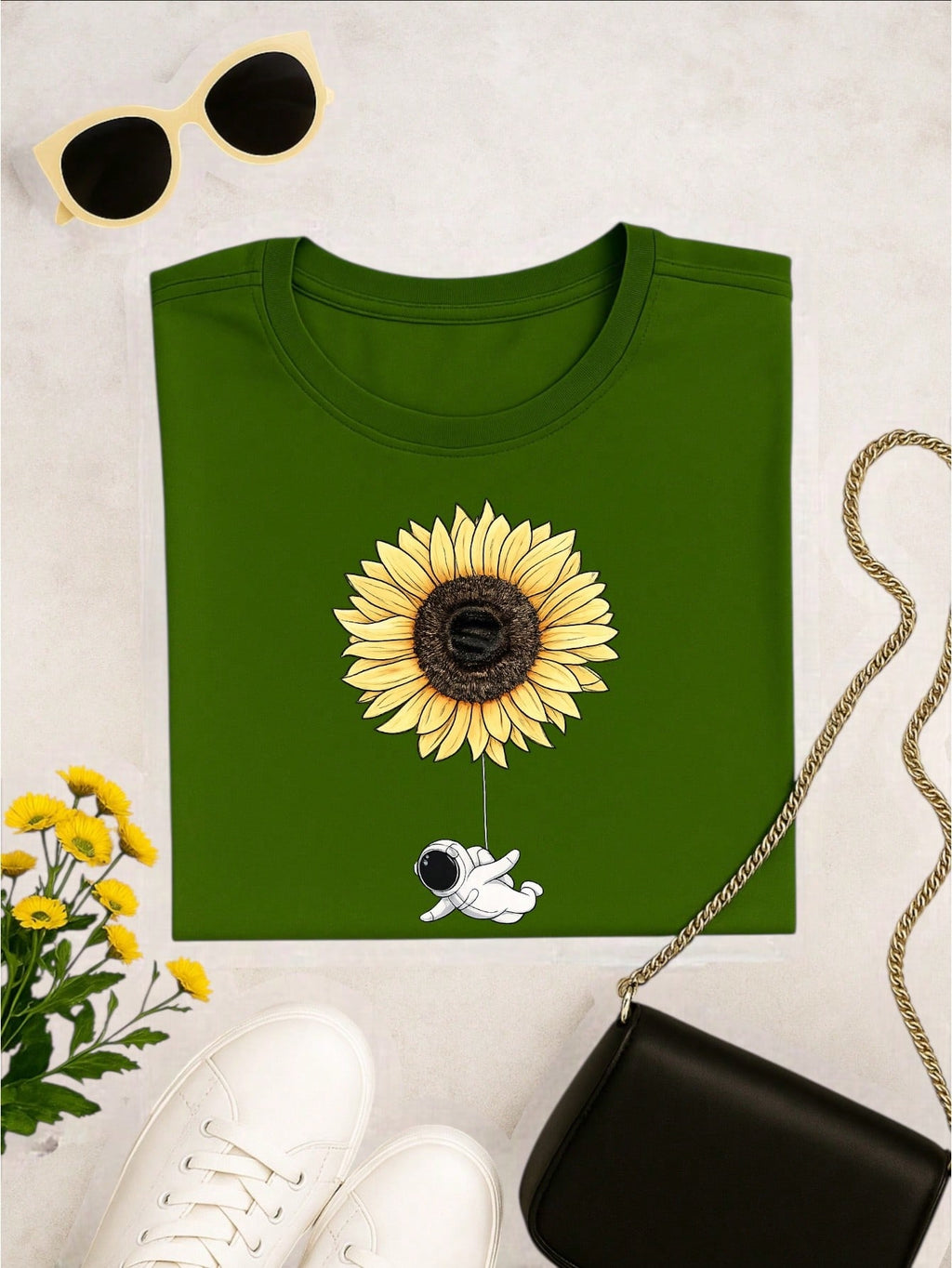 Camiseta Feminina Blusa T-shirt 100% Algodão Estampa Girassol Astronauta Casual P-GG