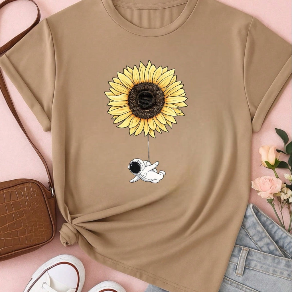 Camiseta Feminina Blusa T-shirt 100% Algodão Estampa Girassol Astronauta Casual P-GG